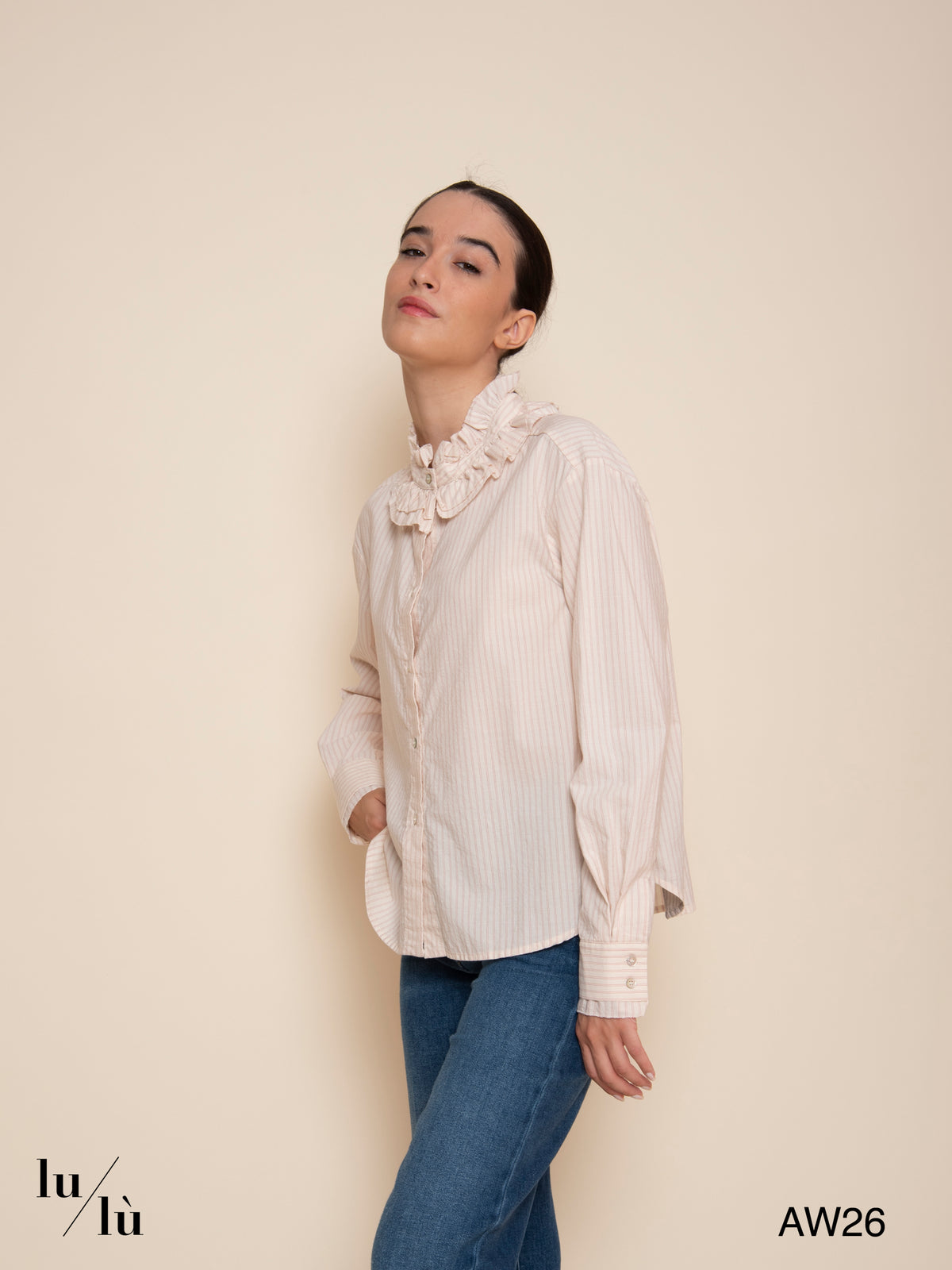 Ava - Camicia a righe con ruches in cotone e seta