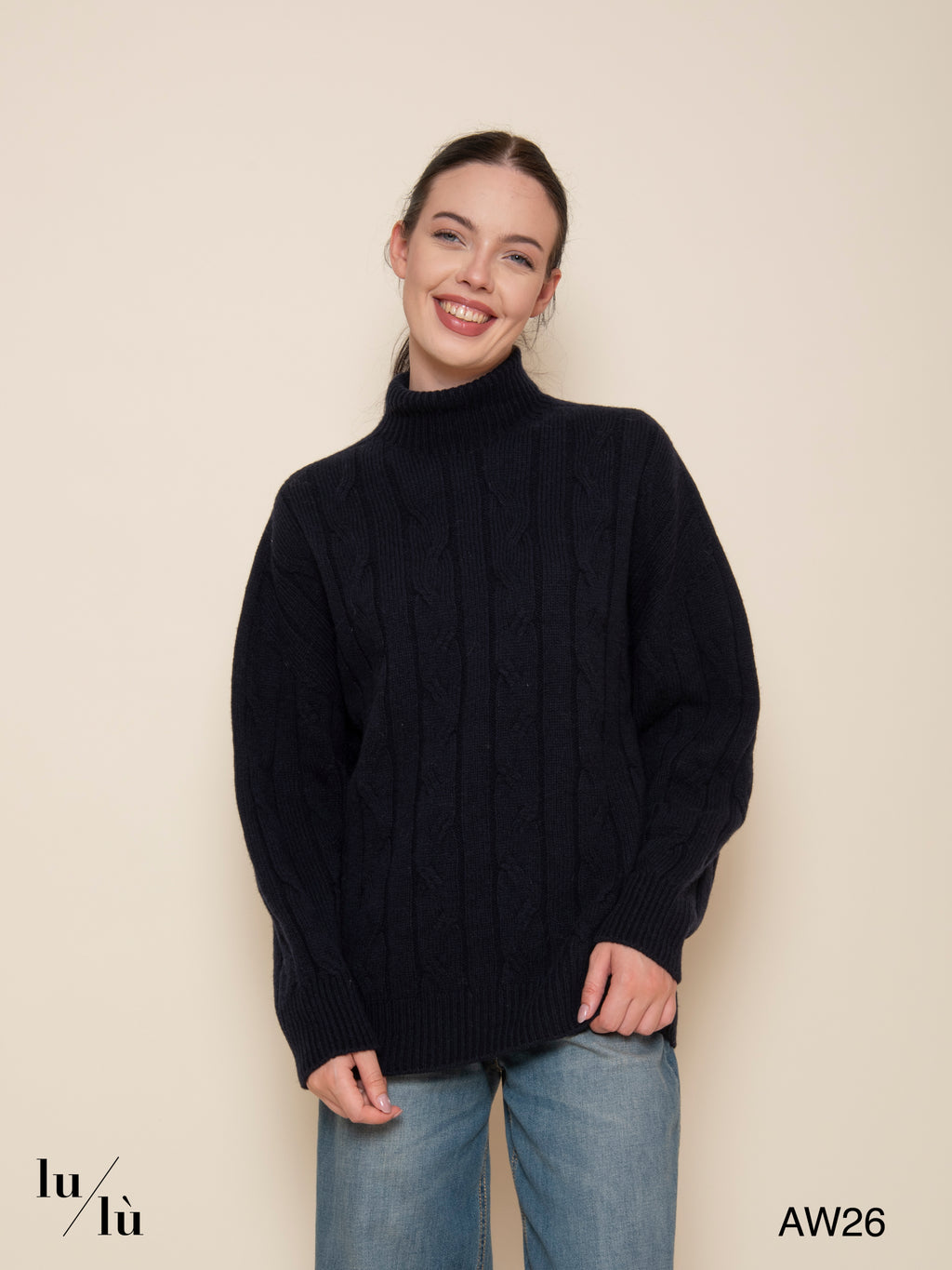 Maya Blu - Maglia in lana merino e cashmere con lavorazione a trecce