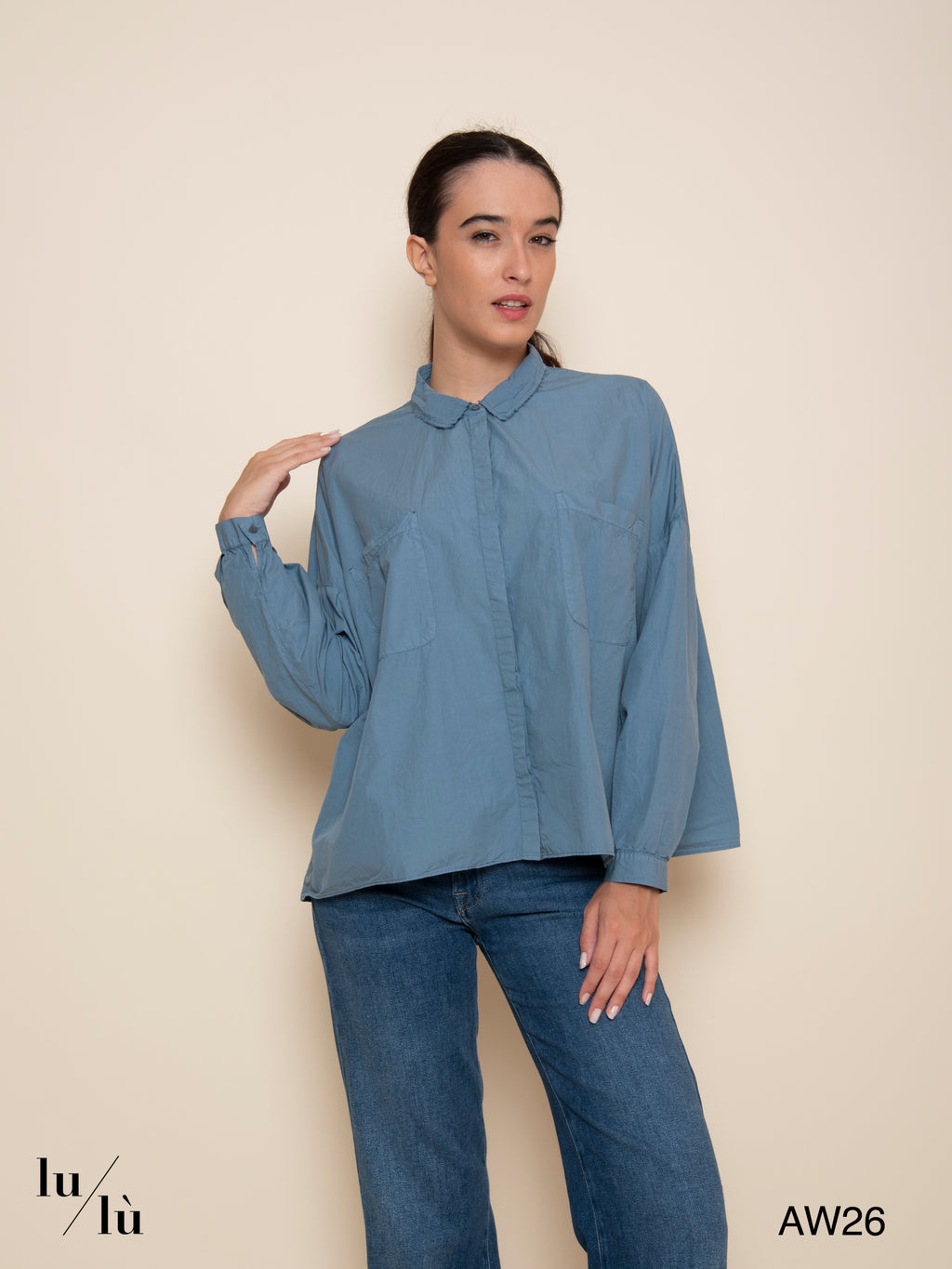 Sky - Camicia azzurro polvere in cotone con tasche