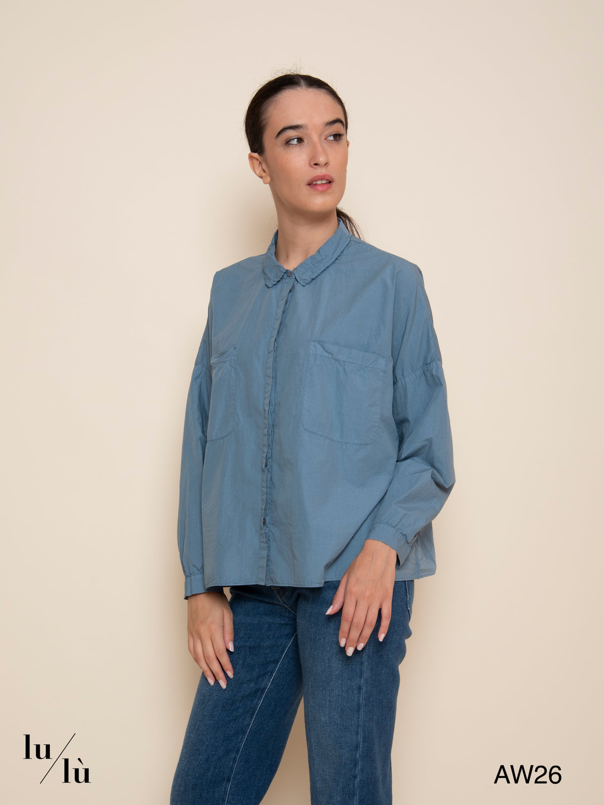 Sky - Camicia azzurro polvere in cotone con tasche