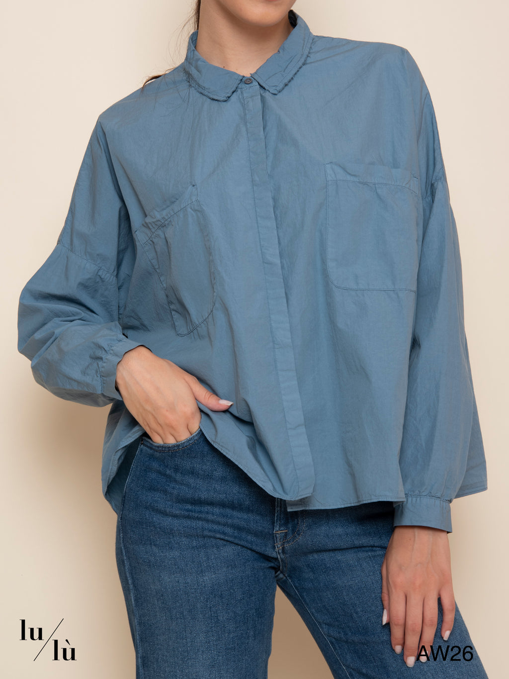 Sky - Camicia azzurro polvere in cotone con tasche