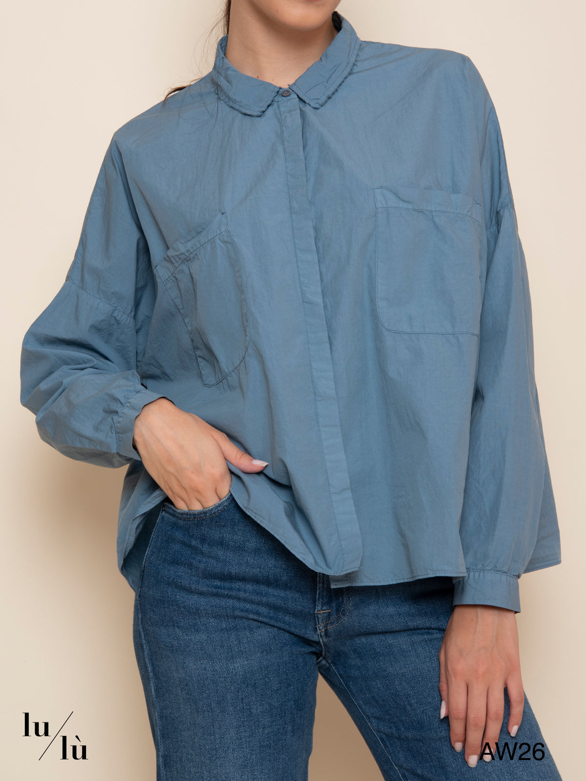 Sky - Camicia azzurro polvere in cotone con tasche