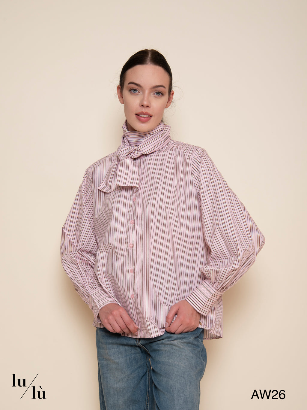 Evalice - Camicia a righe in cotone con collo lavallière