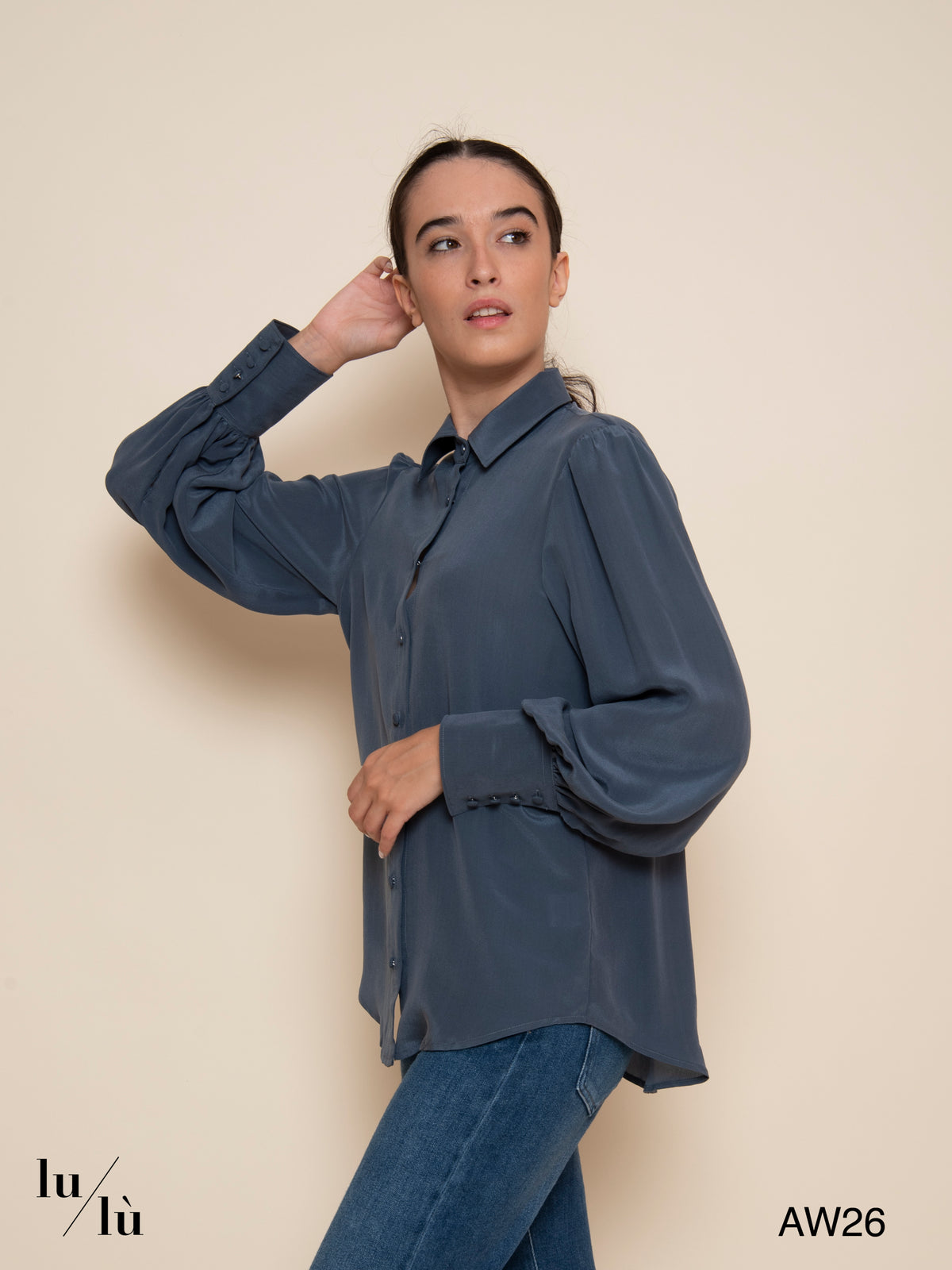 Candra - Camicia in seta blu ardesia