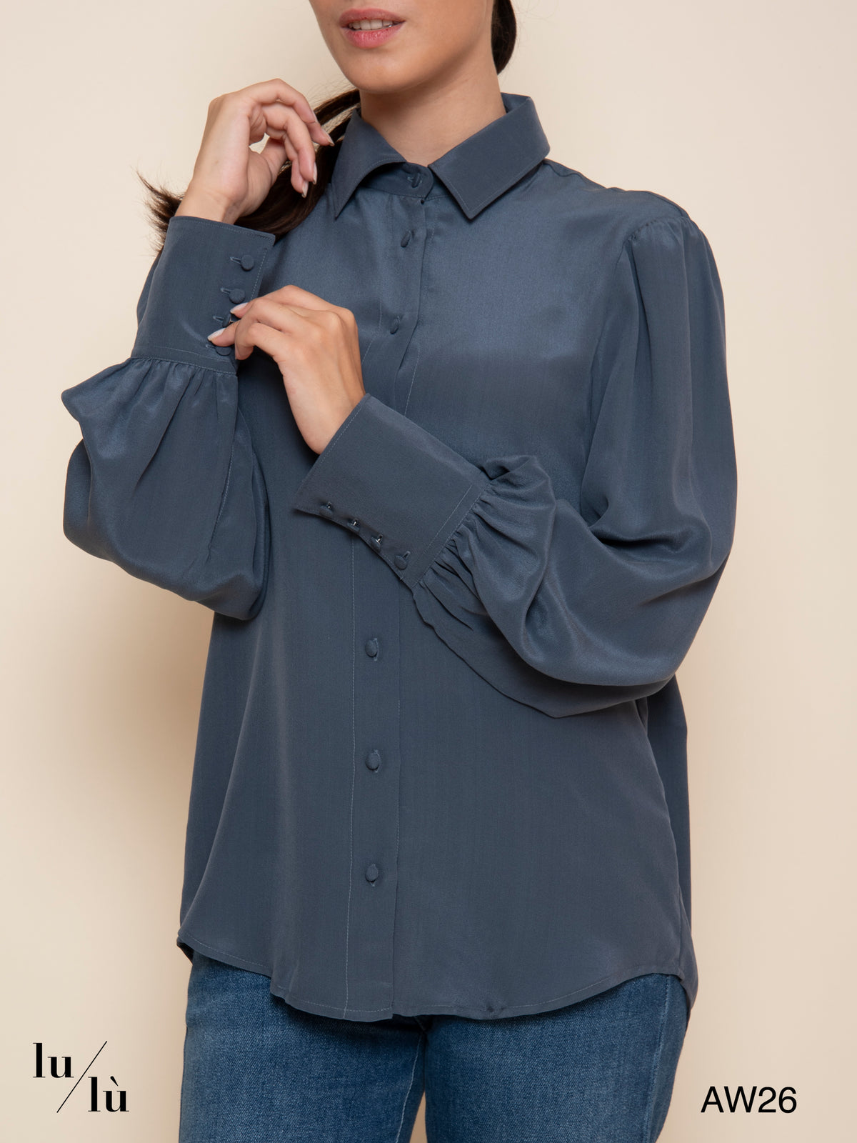 Candra - Camicia in seta blu ardesia