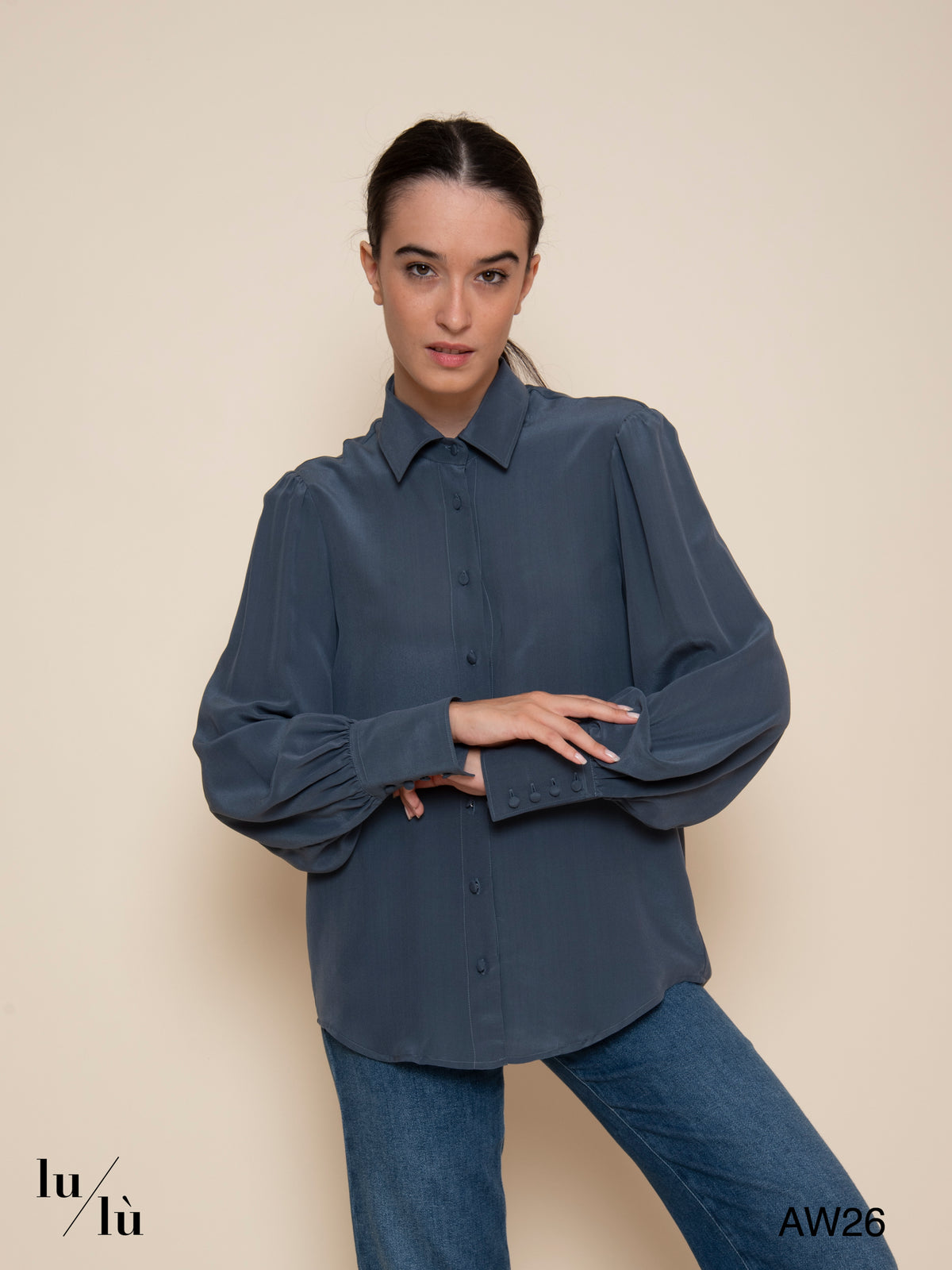 Candra - Camicia in seta blu ardesia