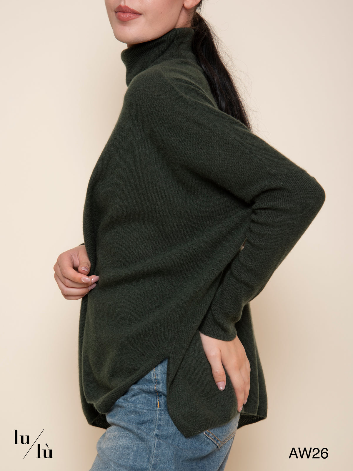 Clara Dark Artichoke - Maglione poncho in 100% cashmere