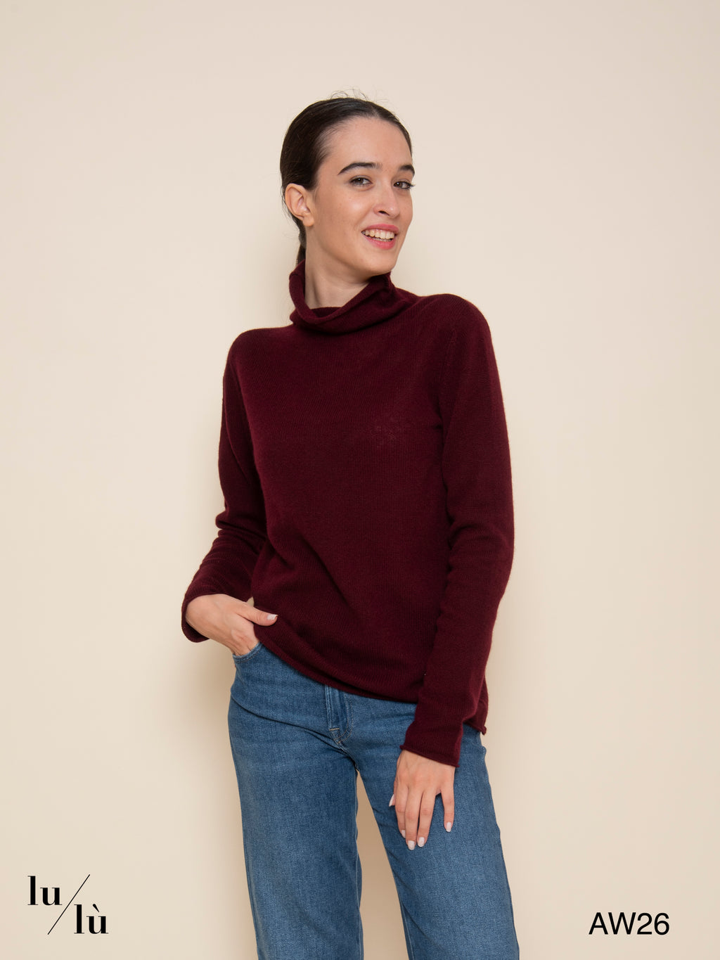 Julia Merlot - Maglia 100% cashmere con collo alto