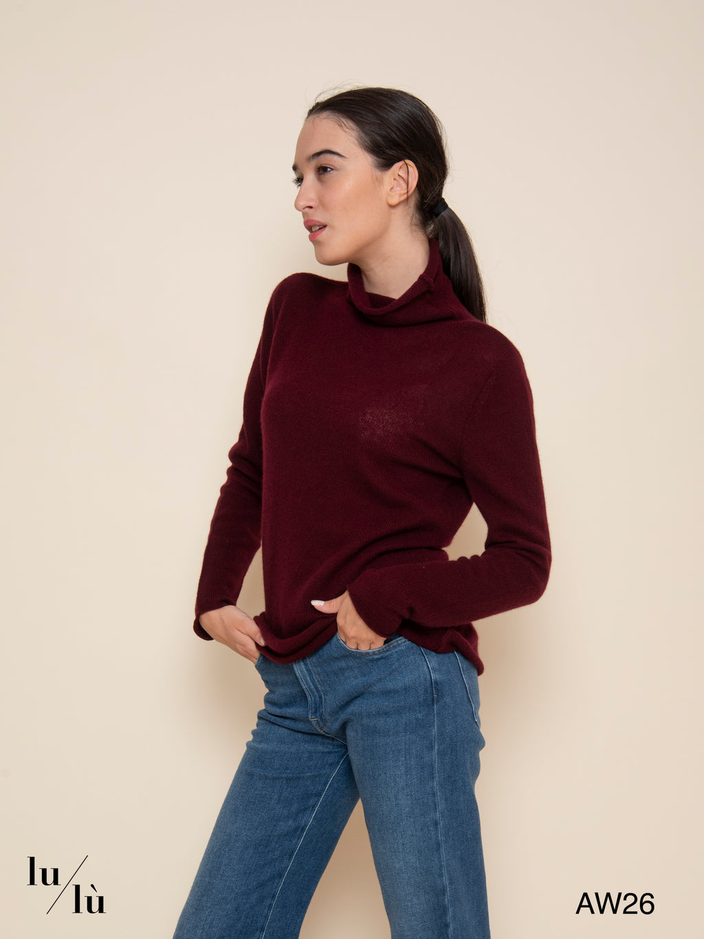 Julia Merlot - Maglia 100% cashmere con collo alto