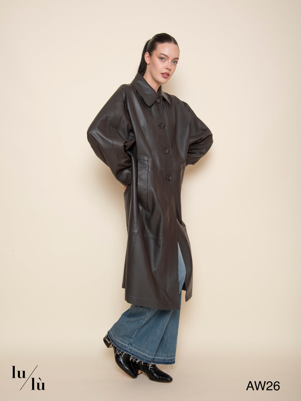 Talia - Cappotto lungo in vera pelle marrone