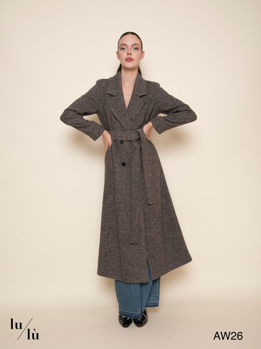 Elin - Cappotto lungo spinato con cintura in misto lana e seta
