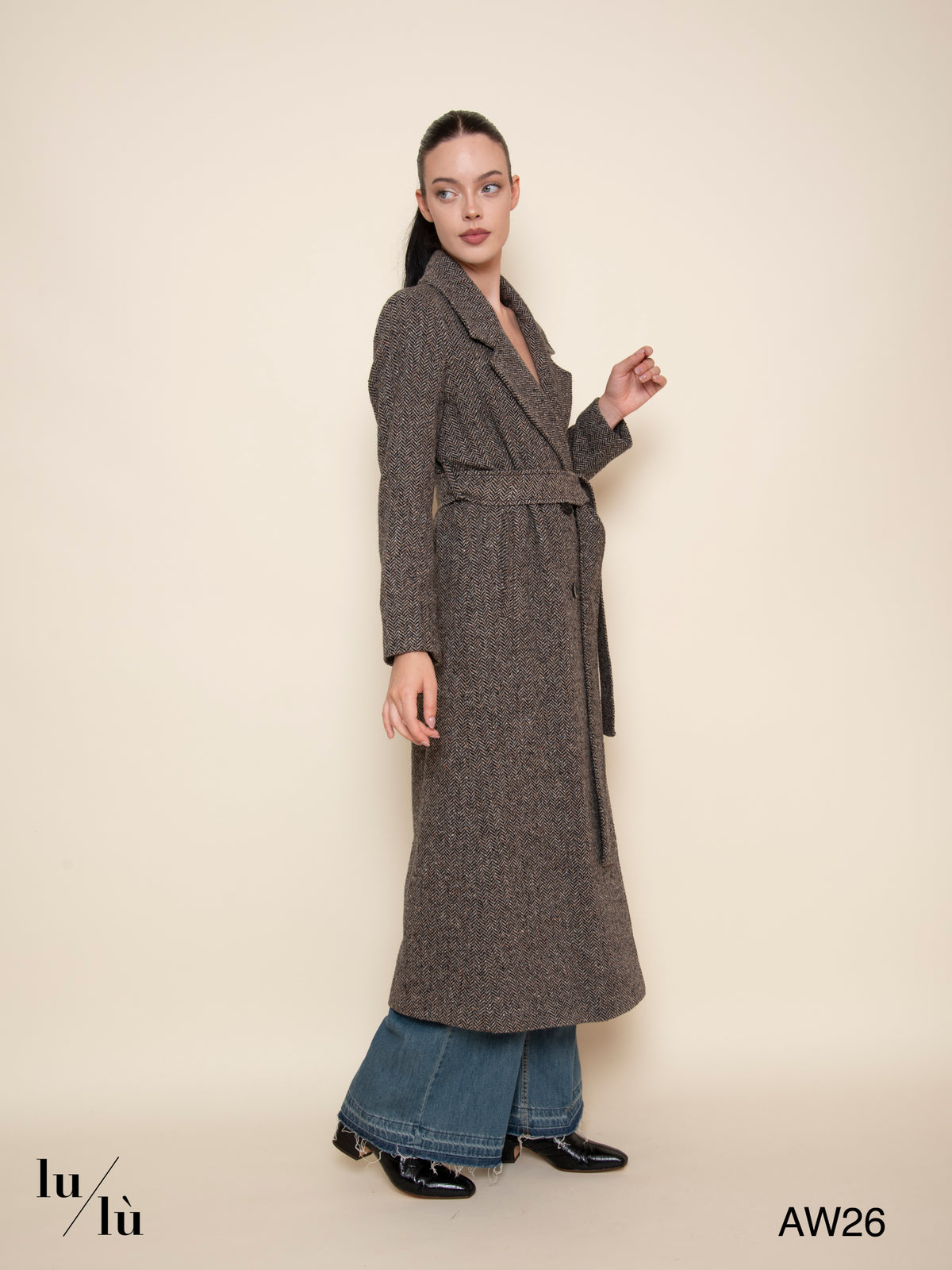 Elin - Cappotto lungo spinato con cintura in misto lana e seta