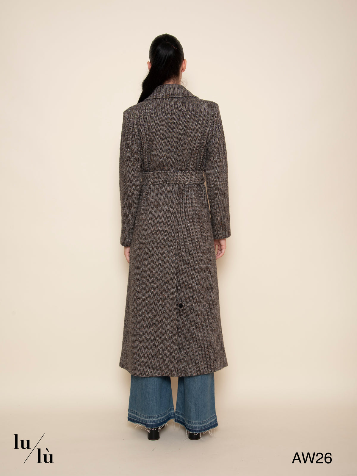 Elin - Cappotto lungo spinato con cintura in misto lana e seta