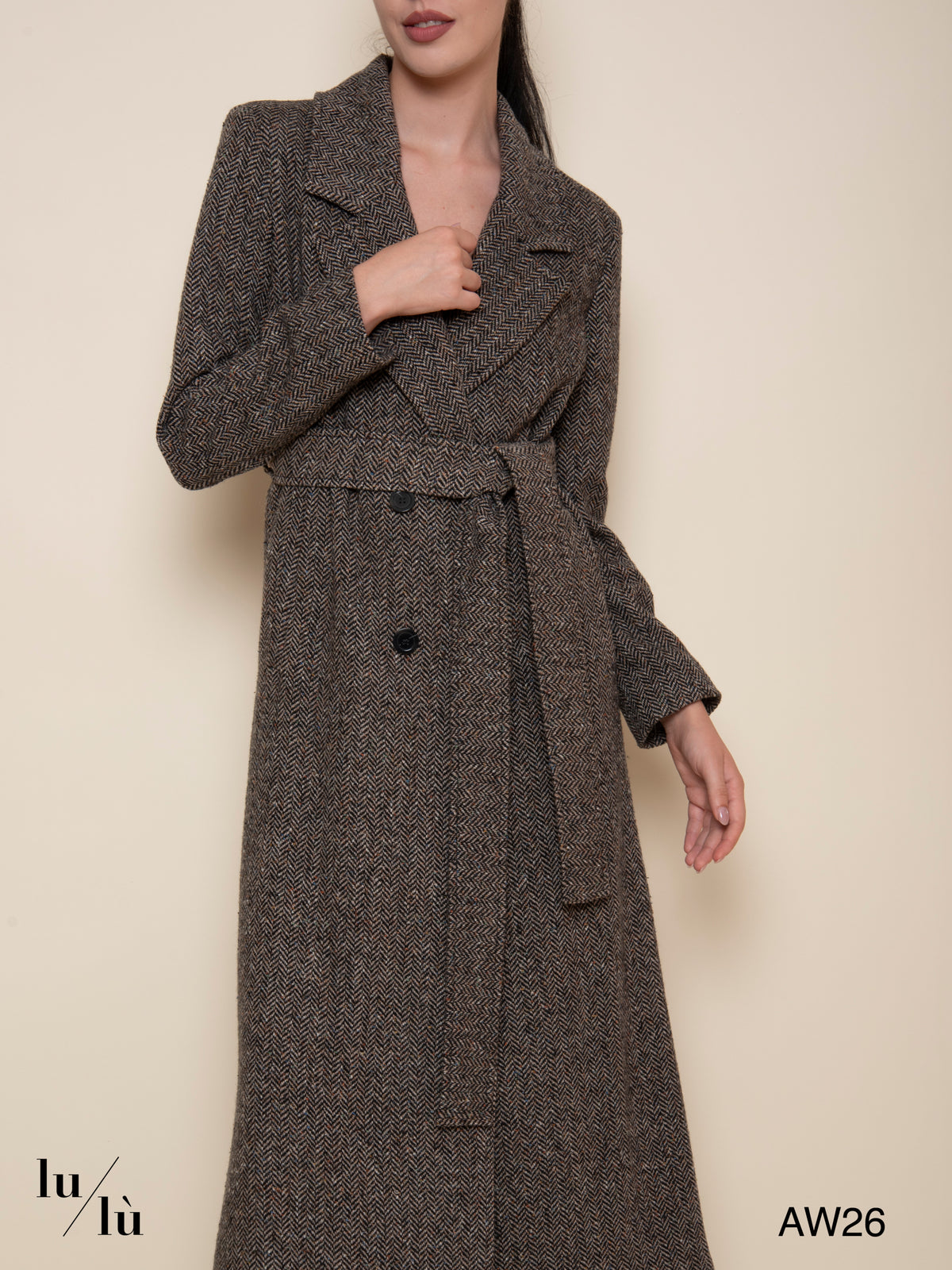 Elin - Cappotto lungo spinato con cintura in misto lana e seta