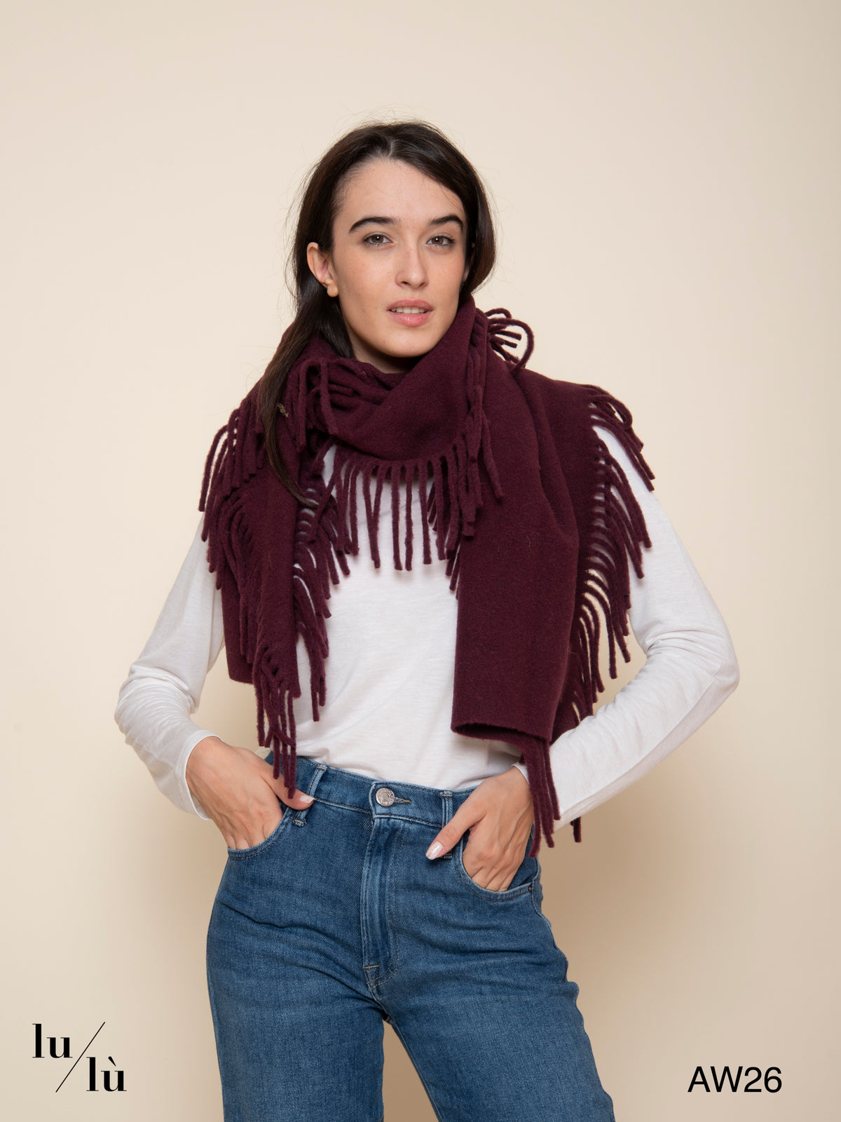 Cate Bordeaux - Sciarpa in lana con frange