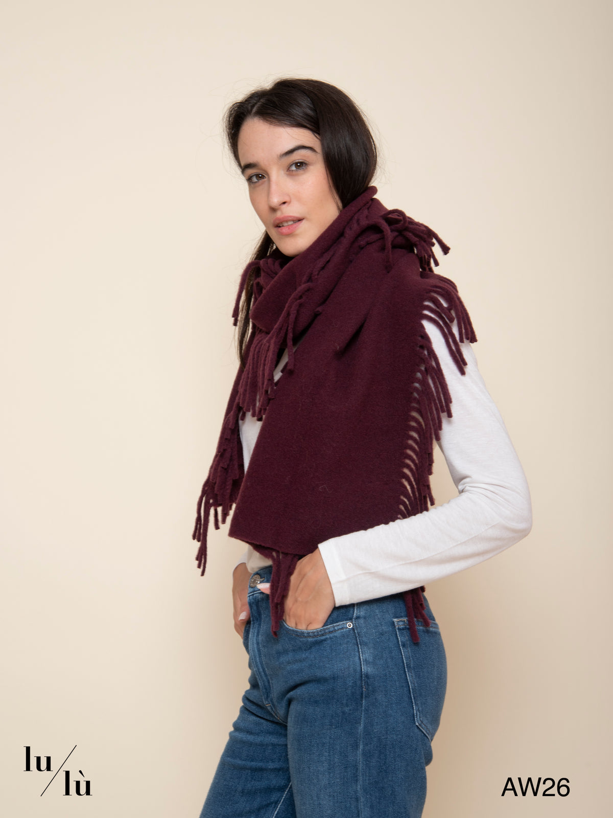 Cate Bordeaux - Sciarpa in lana con frange