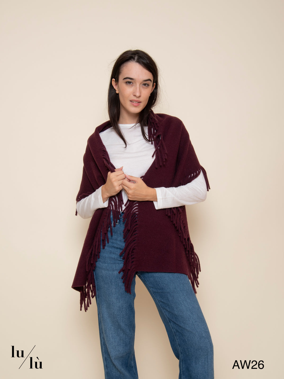 Cate Bordeaux - Sciarpa in lana con frange