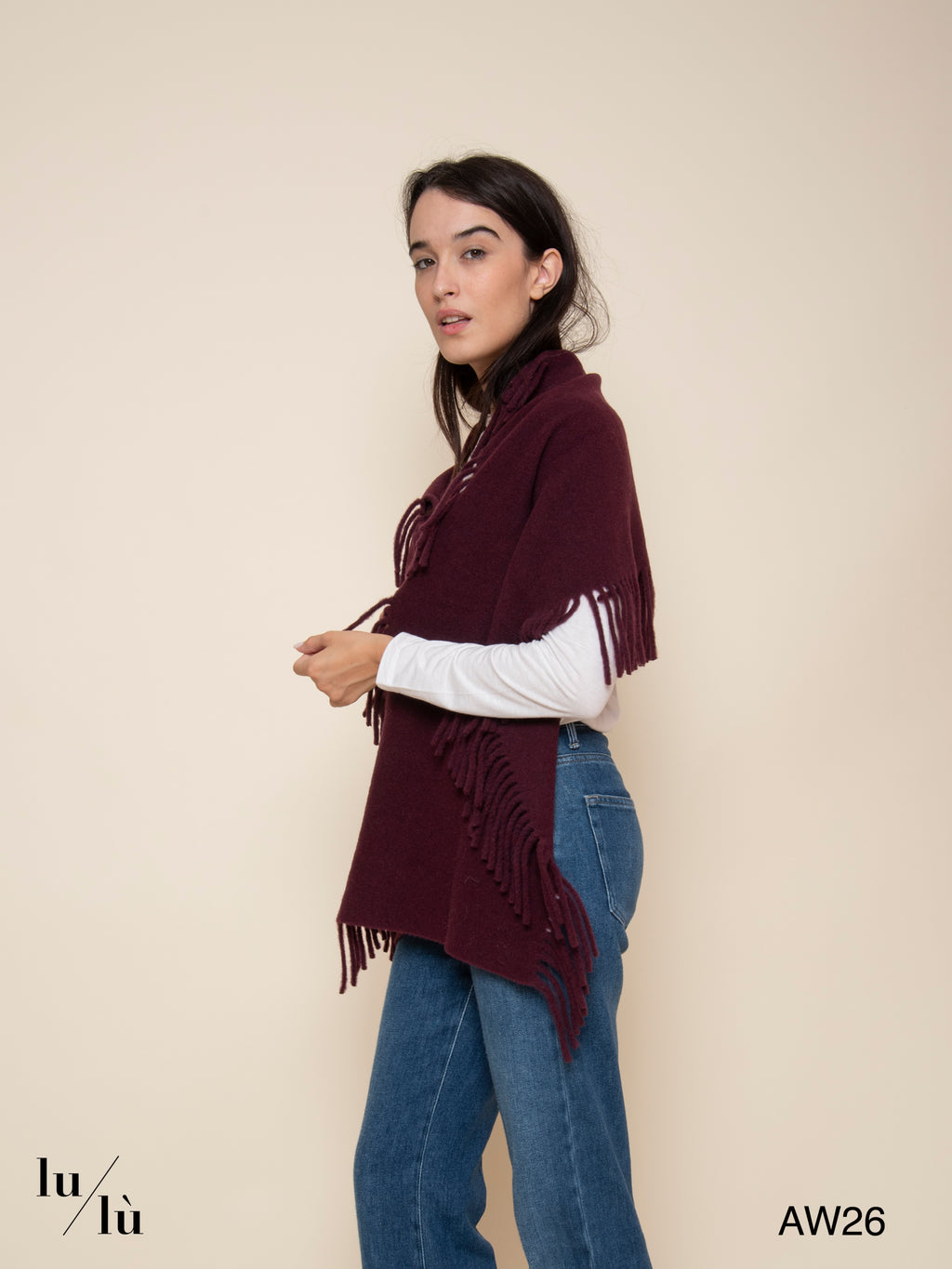 Cate Bordeaux - Sciarpa in lana con frange
