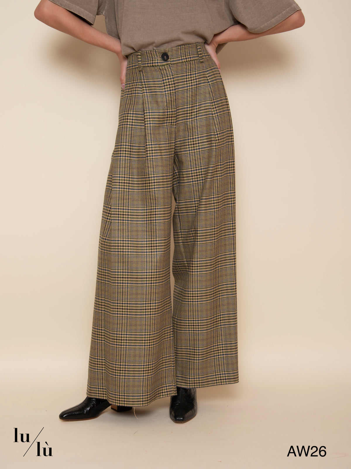 Beth - Pantalone a palazzo check in misto lana