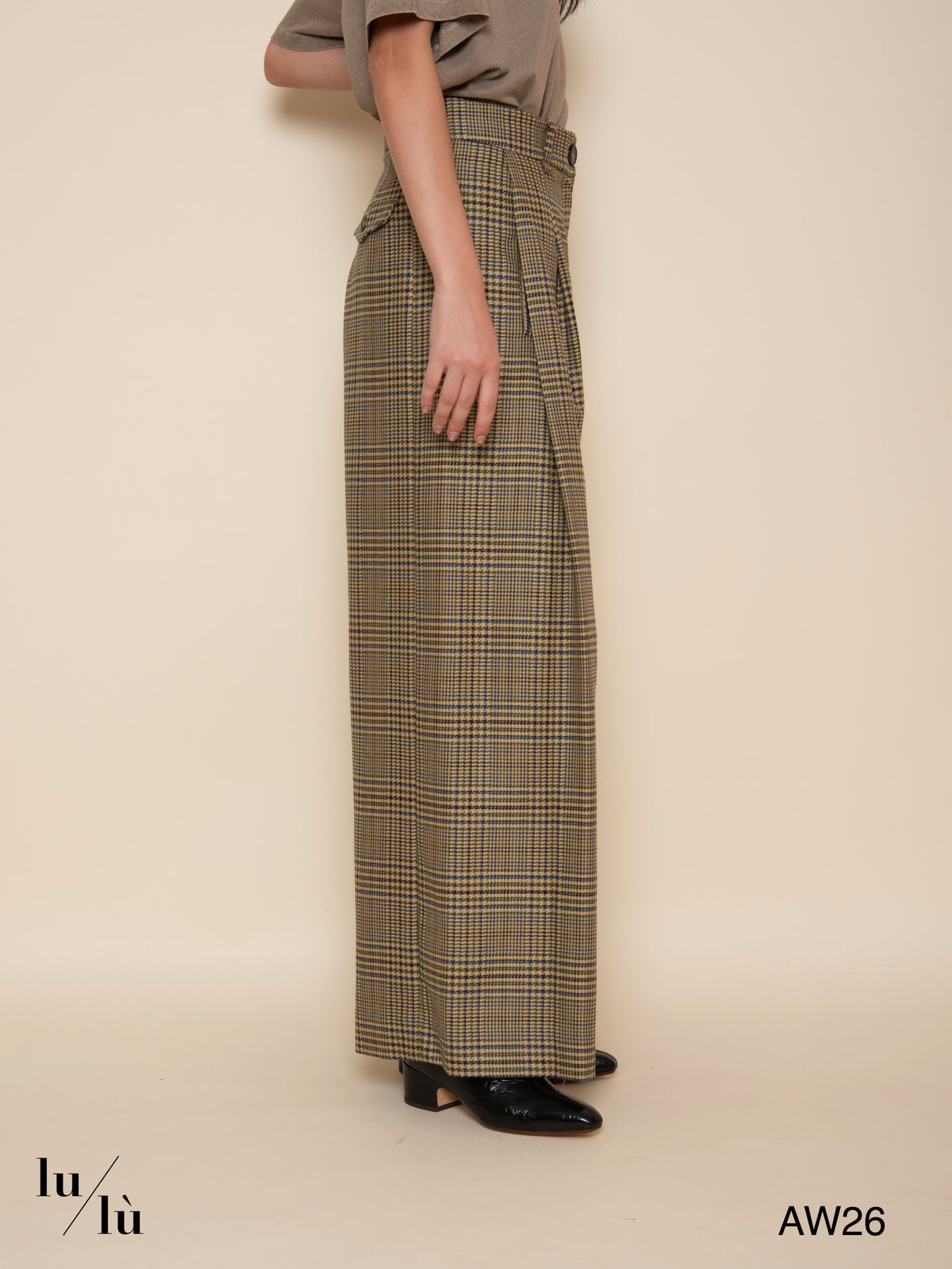 Beth - Pantalone a palazzo check in misto lana