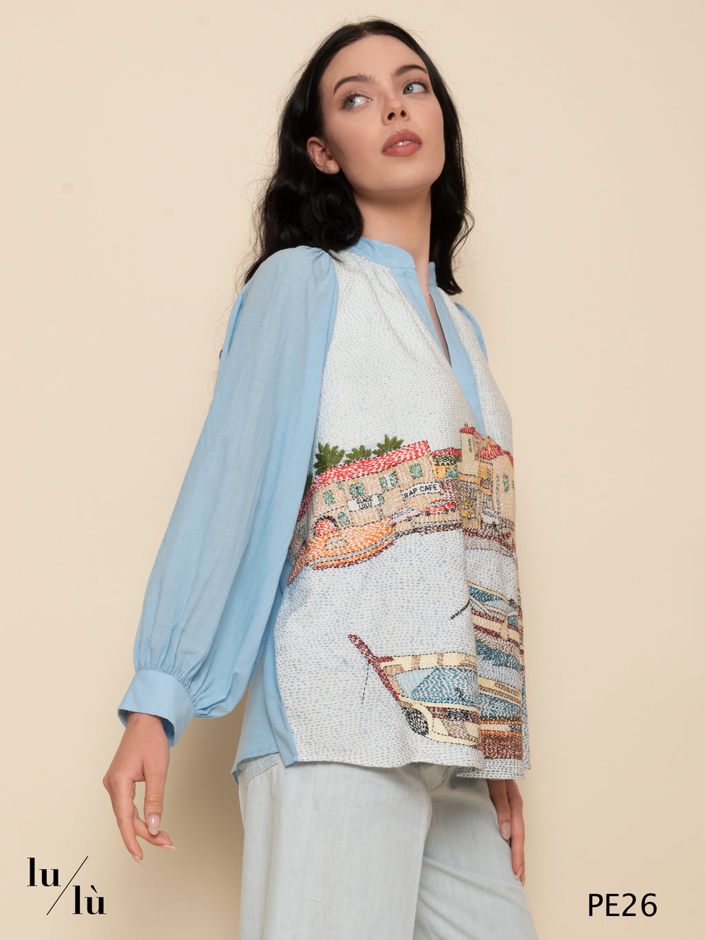Claudie - Blusa ricamata in puro cotone con stampa porto