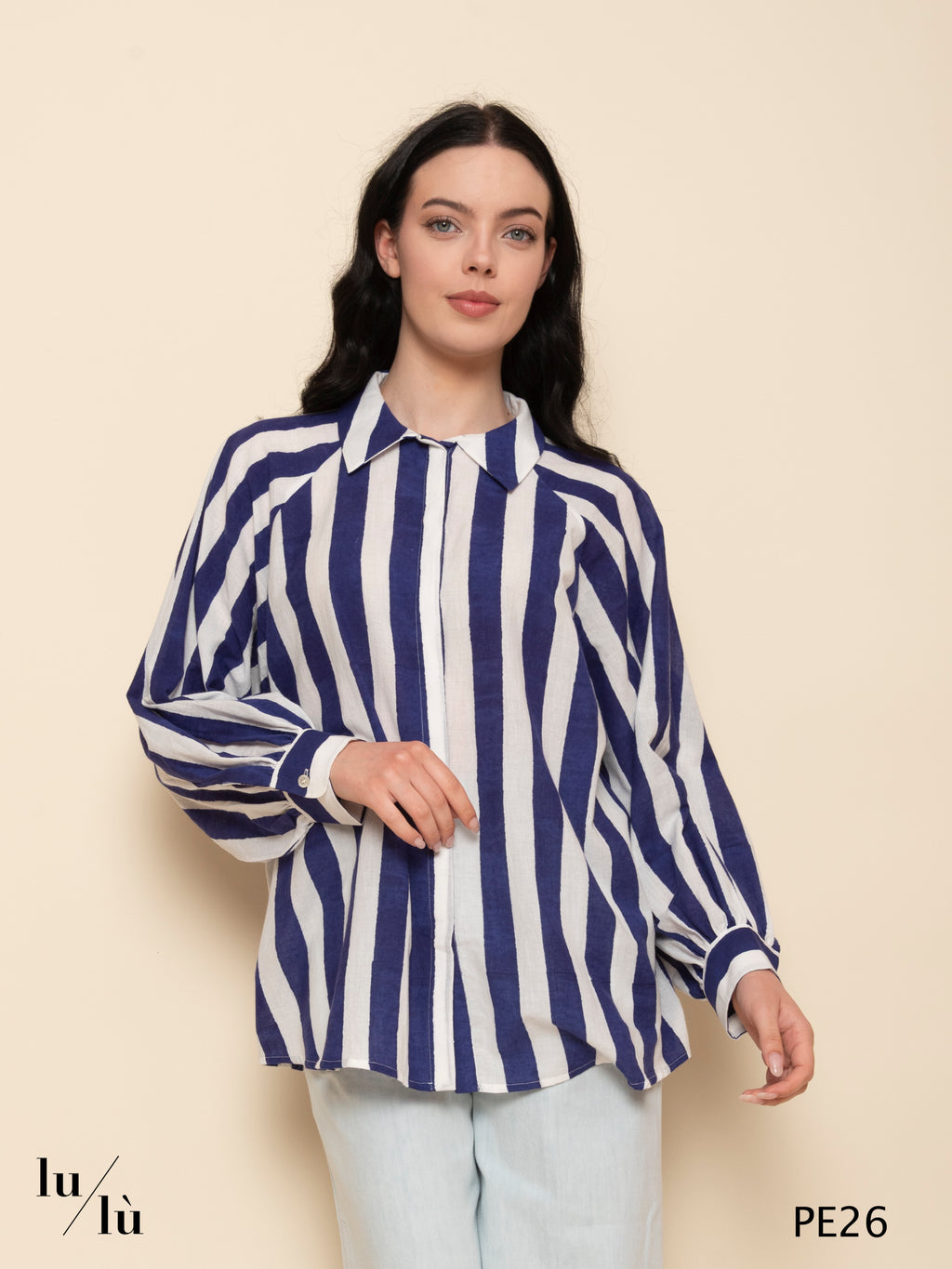 Lulu - Camicia a righe blu e panna in cotone leggero