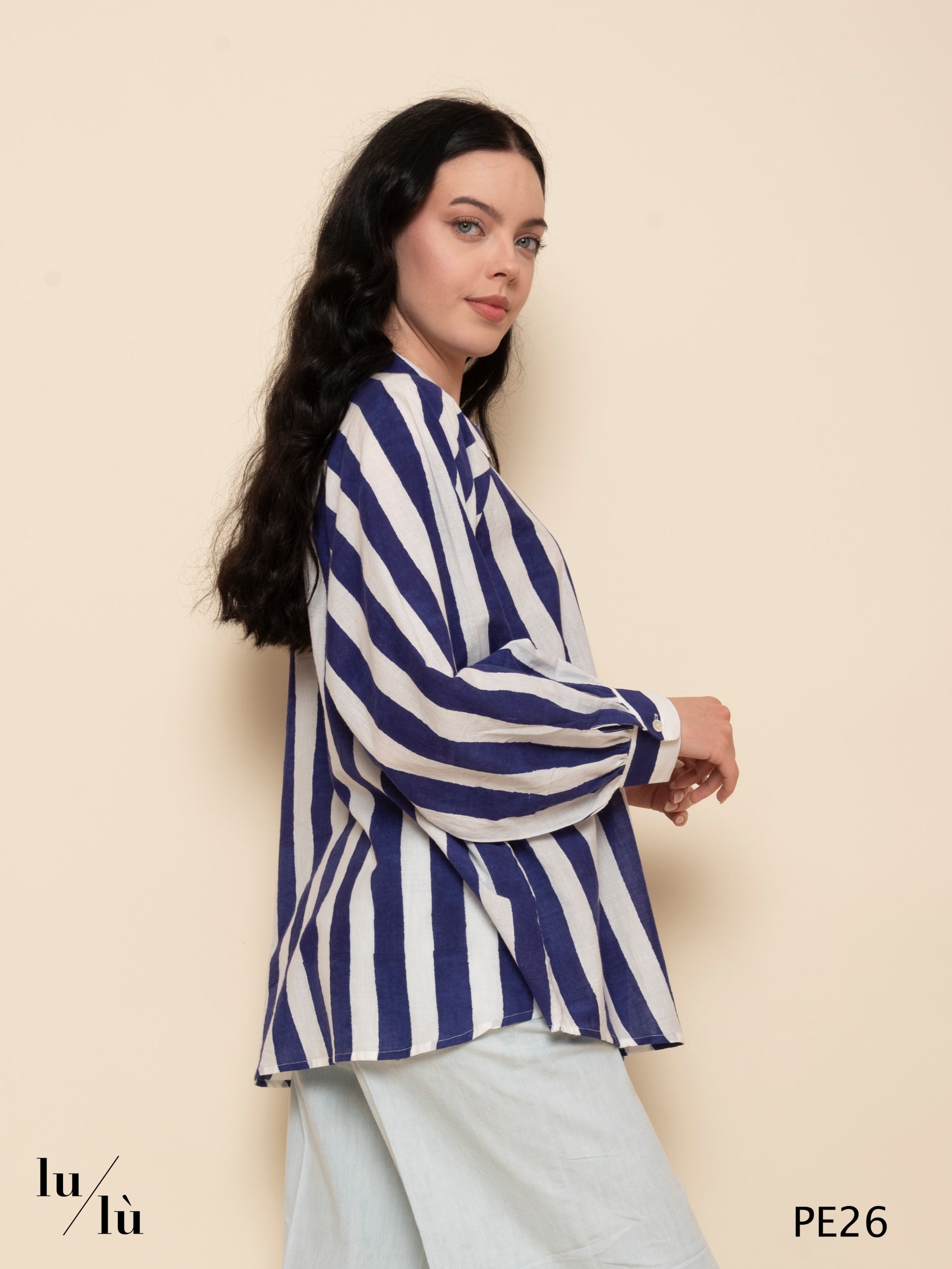 Lulu - Camicia a righe blu e panna in cotone leggero