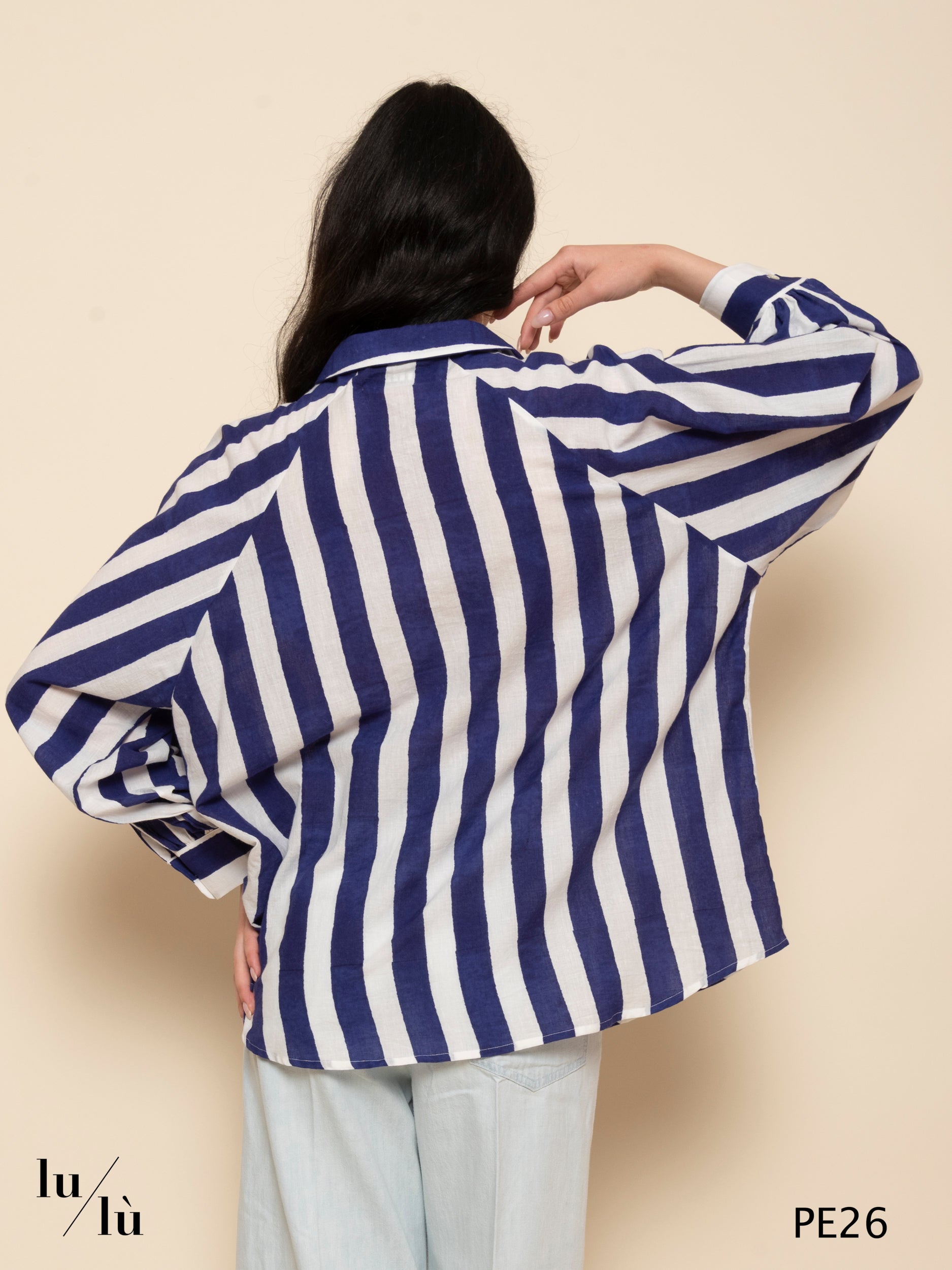 Lulu - Camicia a righe blu e panna in cotone leggero