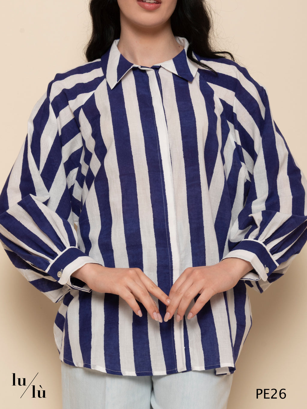 Lulu - Camicia a righe blu e panna in cotone leggero