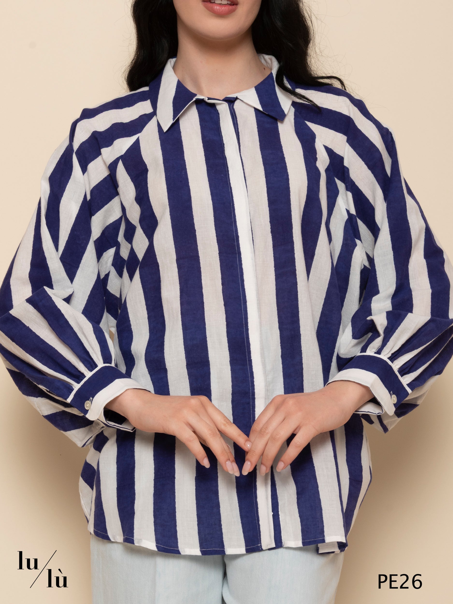 Lulu - Camicia a righe blu e panna in cotone leggero