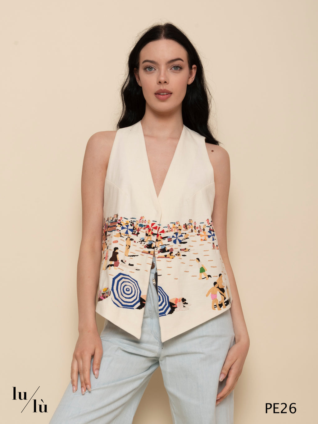 Paco - Gilet donna in cotone con ricamo paesaggio estivo