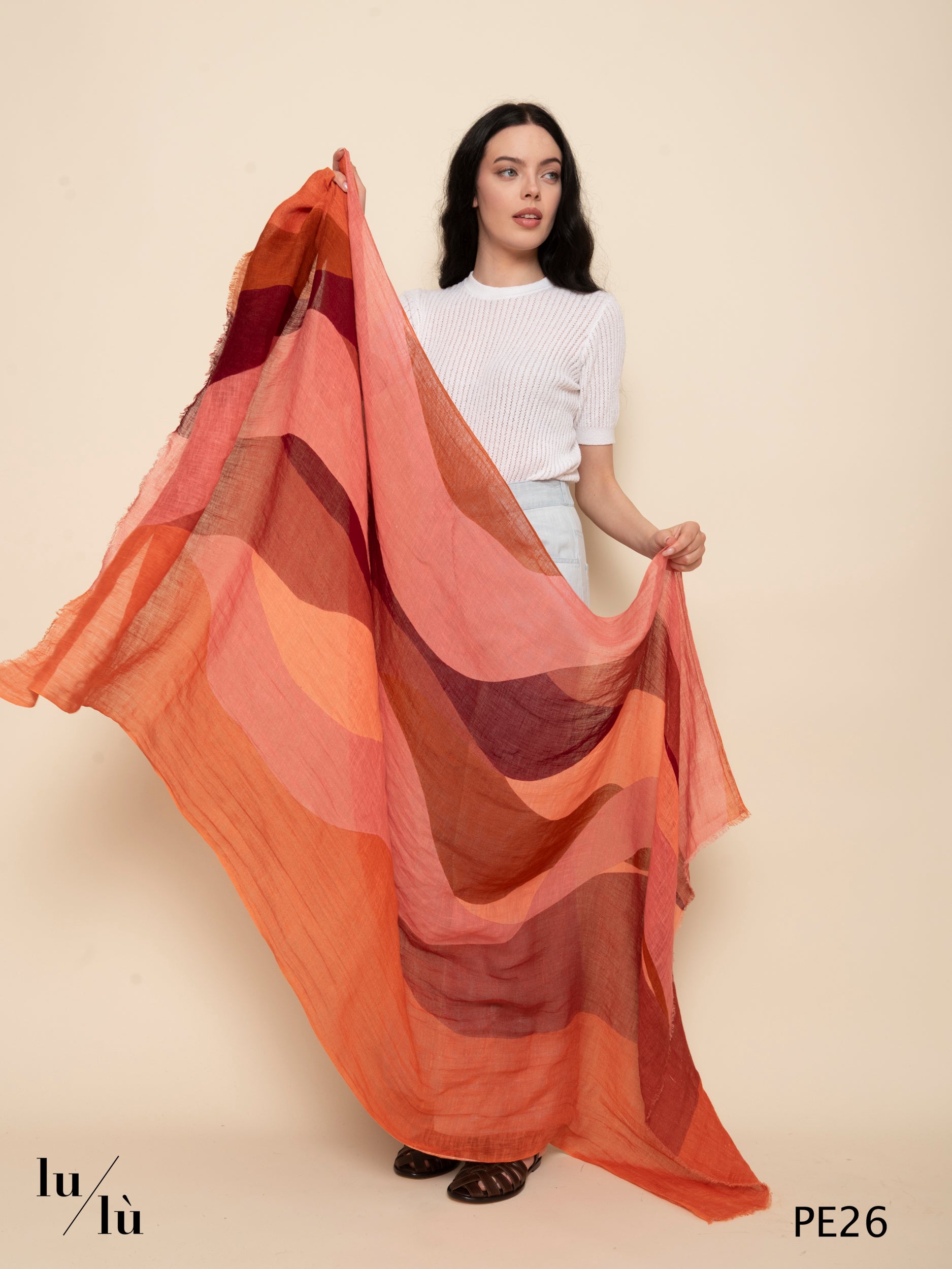 Root Coral - Foulard in lino stampato corallo e bordeaux