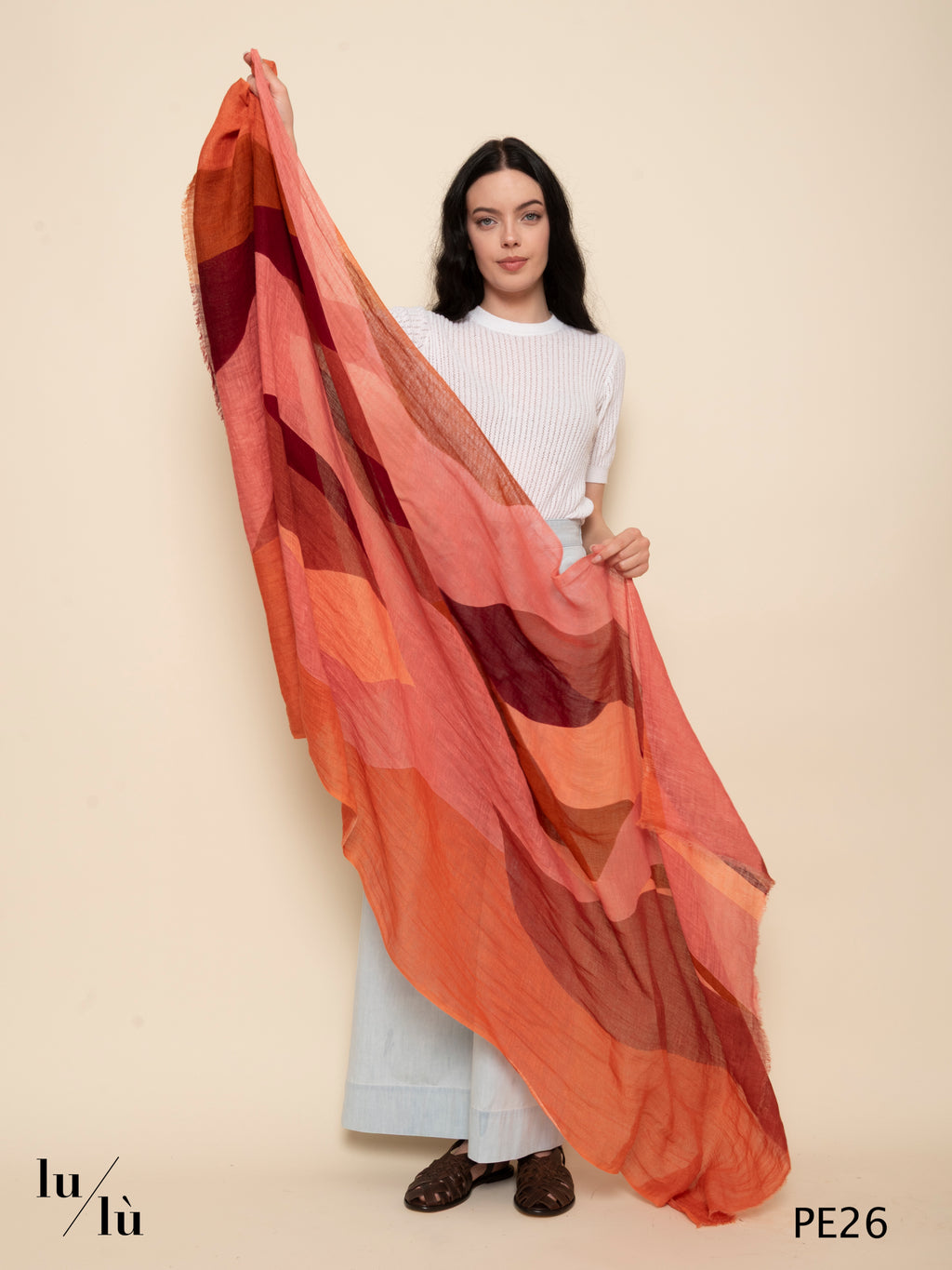 Root Coral - Foulard in lino stampato corallo e bordeaux