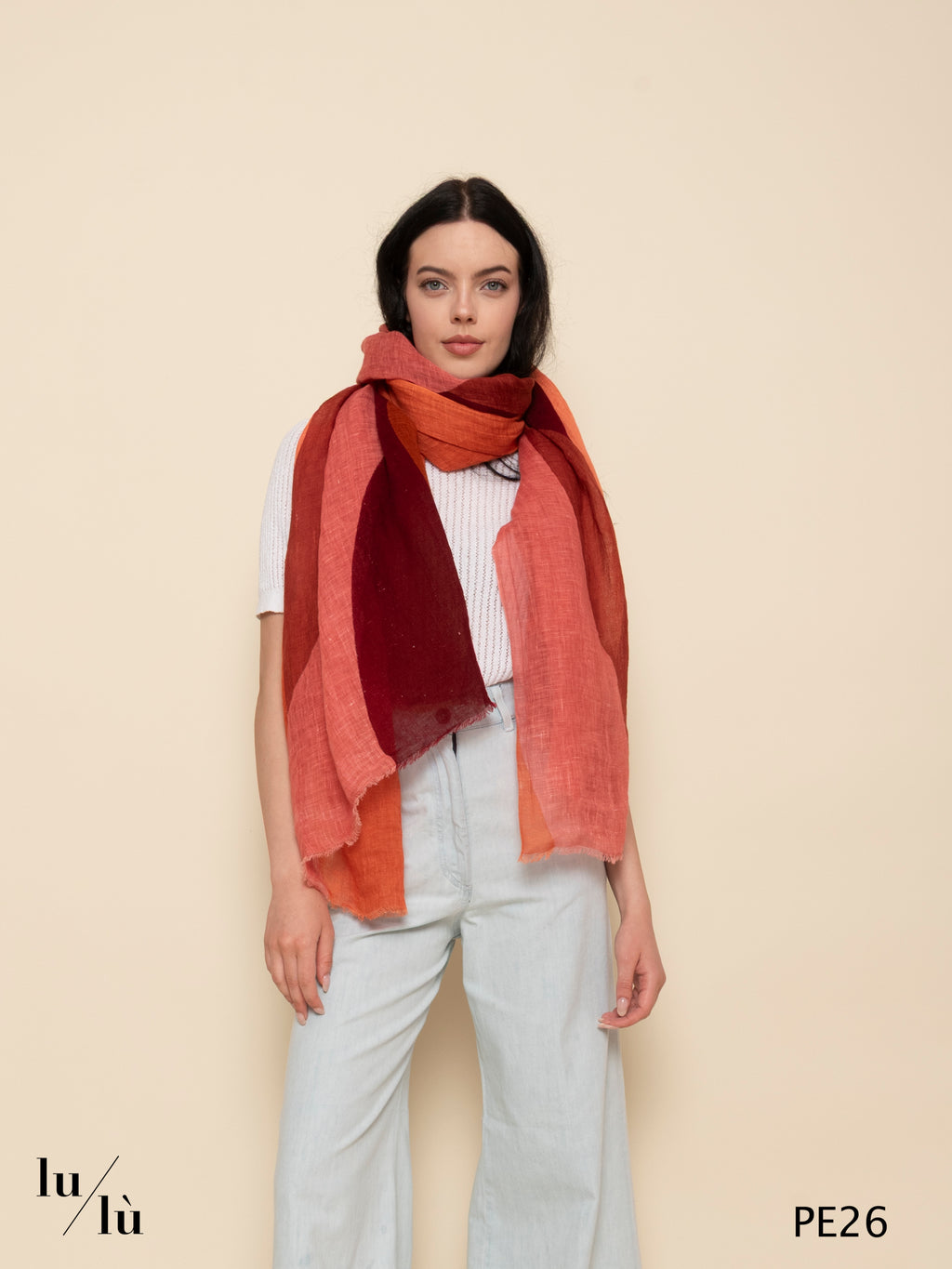 Root Coral - Foulard in lino stampato corallo e bordeaux