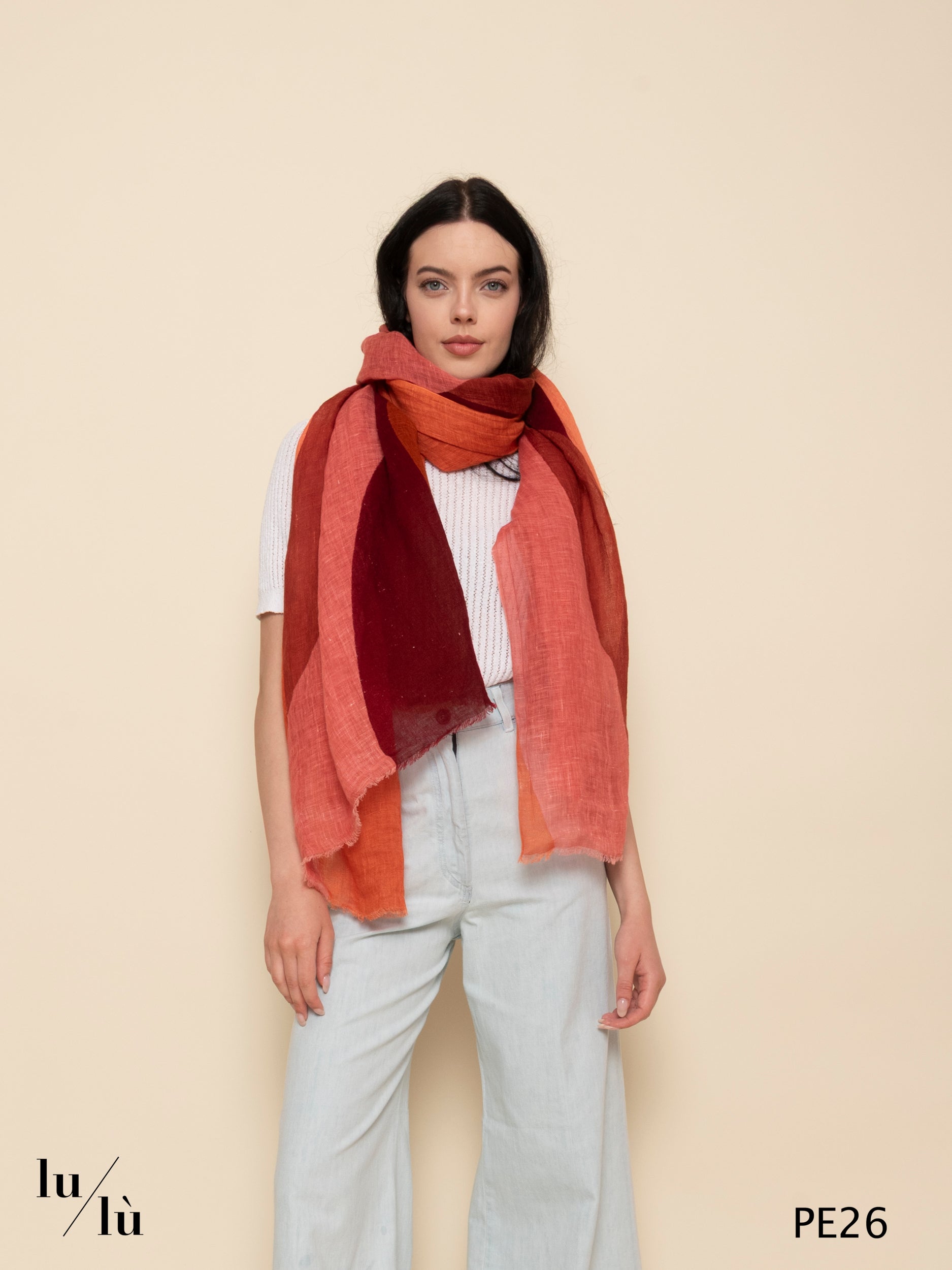Root Coral - Foulard in lino stampato corallo e bordeaux