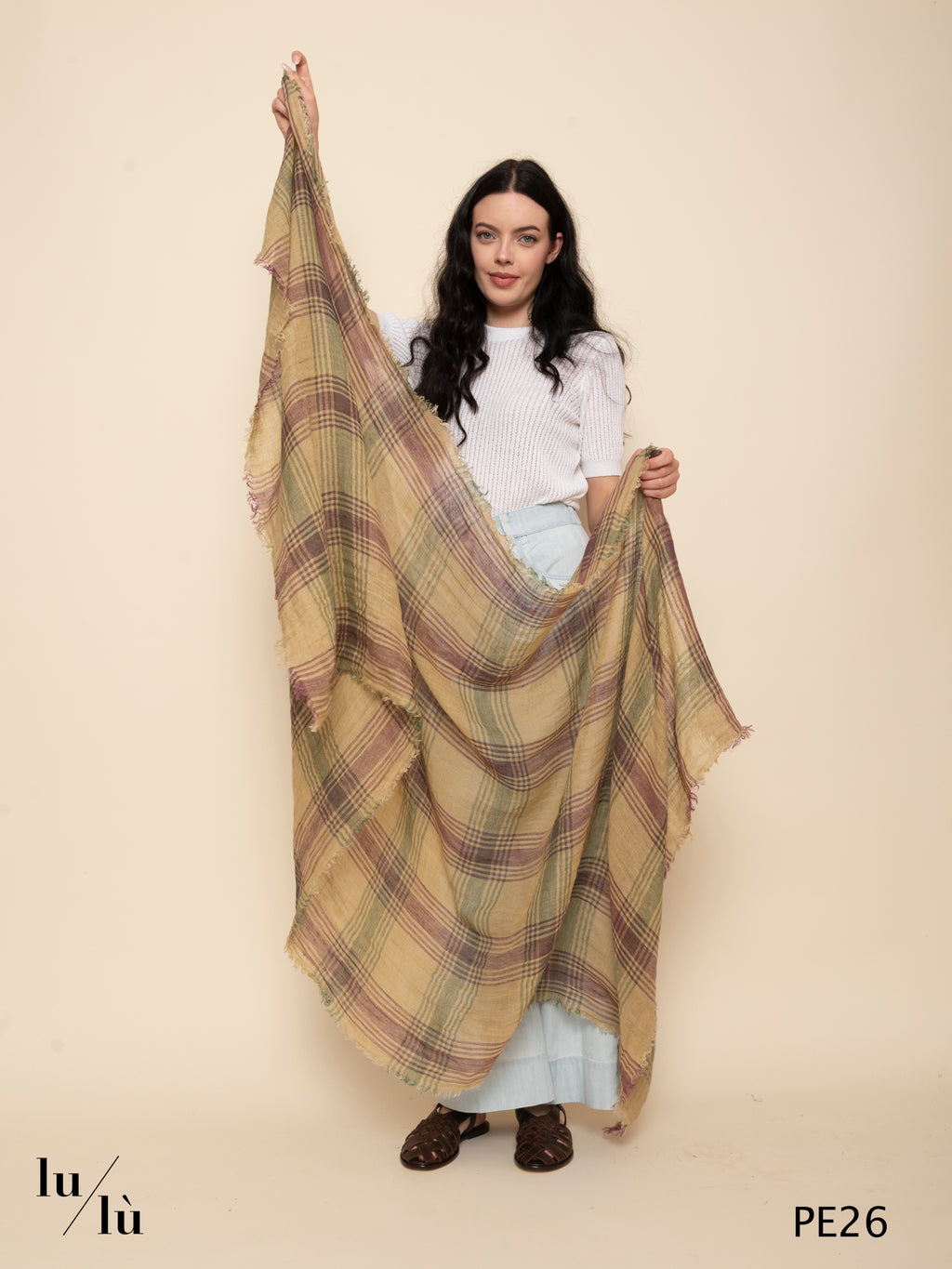 Lightfall Beige - Foulard in 100% lino con motivo check