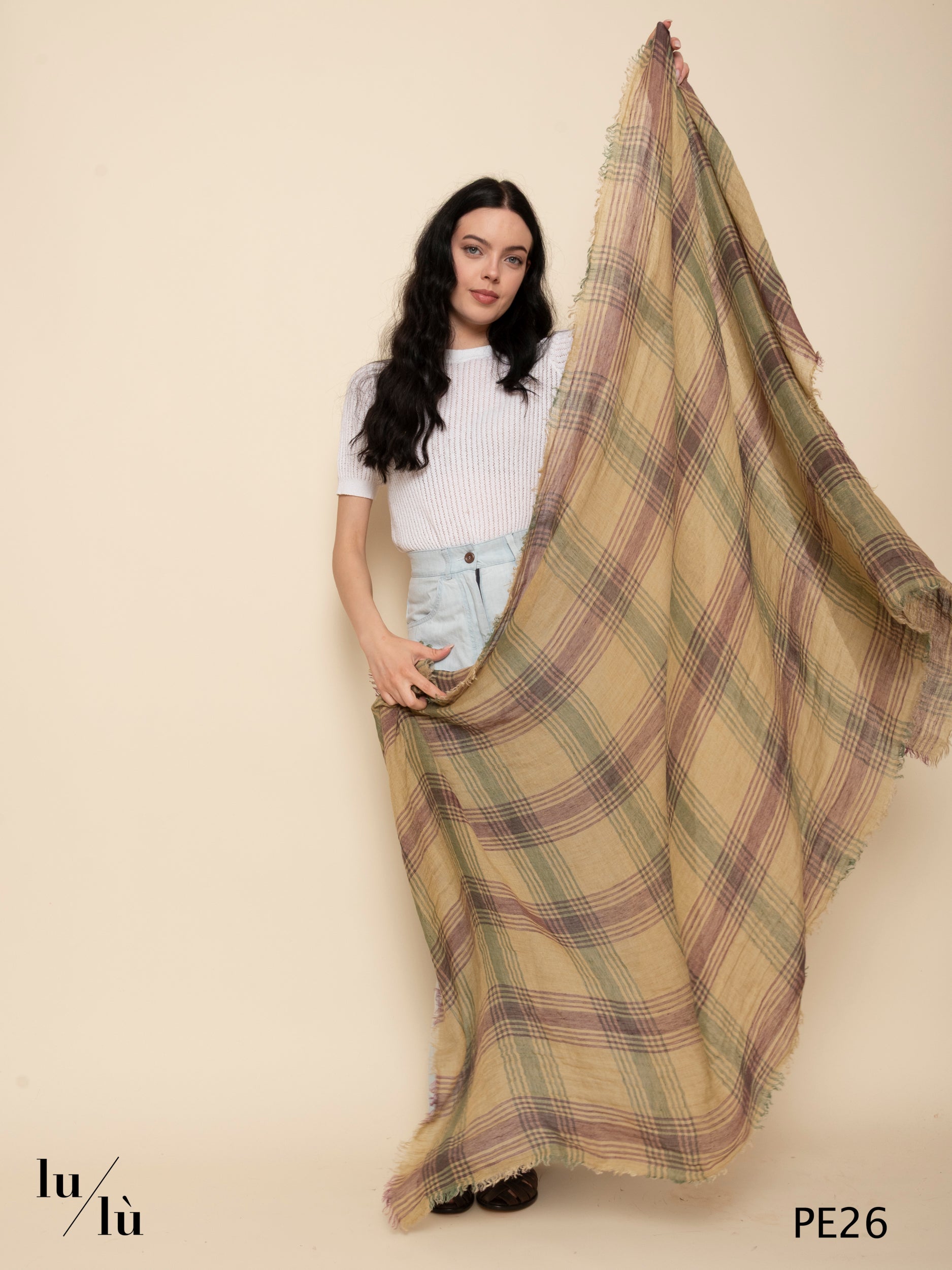 Lightfall Beige - Foulard in 100% lino con motivo check