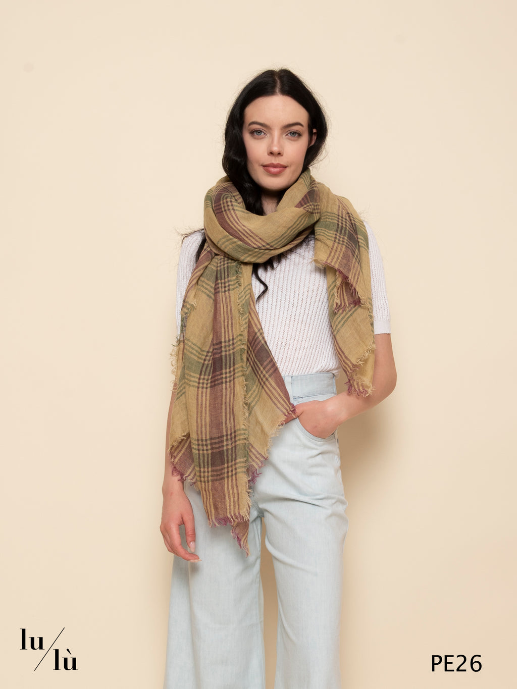 Lightfall Beige - Foulard in 100% lino con motivo check