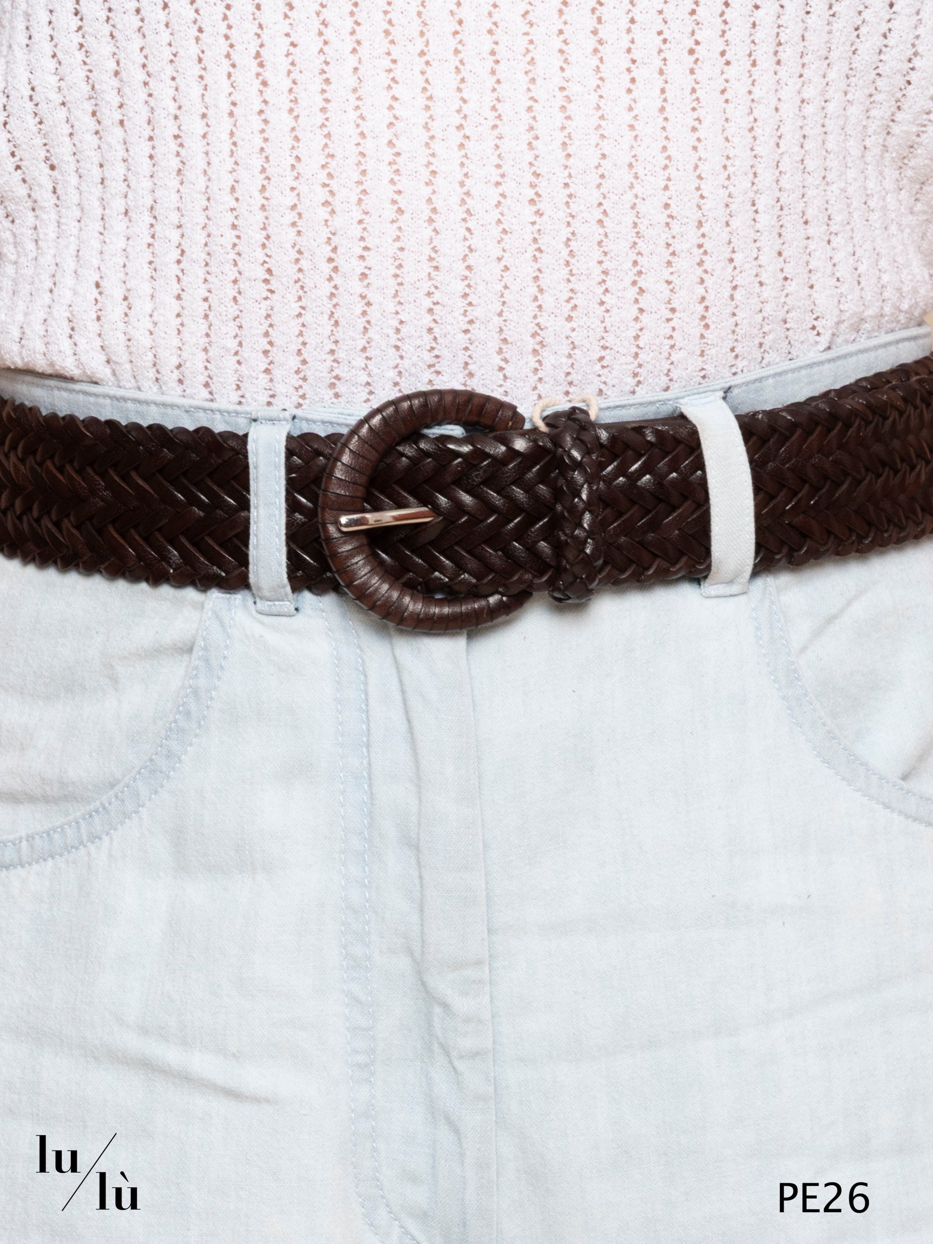 Bianca Dark Brown - Cintura intrecciata in pelle con maxi fibbia