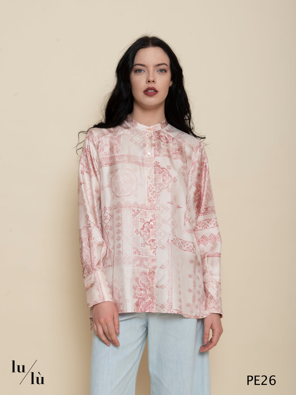 Mesilla - Camicia donna in twill di seta stampata con colletto alla coreana