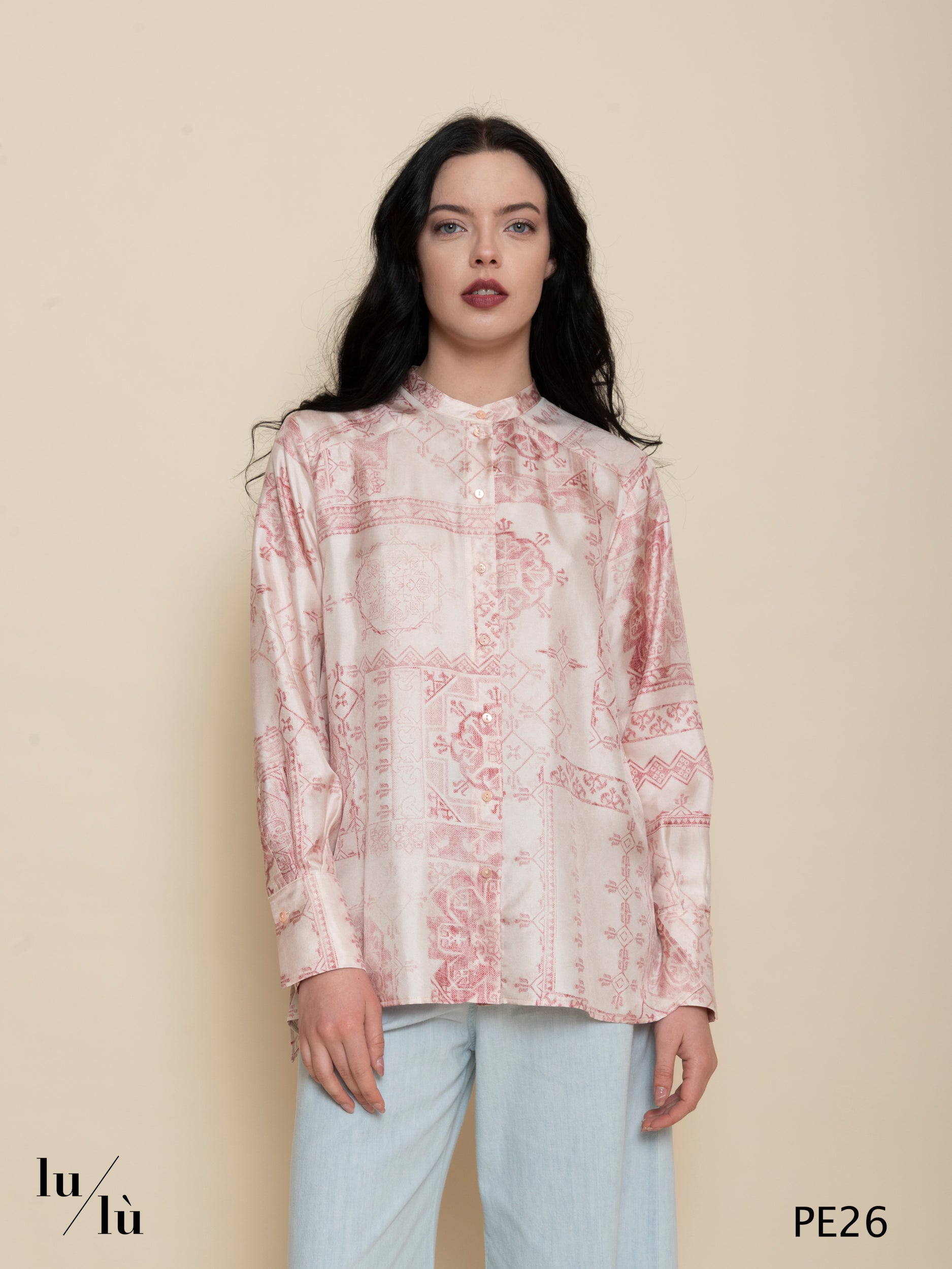 Mesilla - Camicia donna in twill di seta stampata con colletto alla coreana