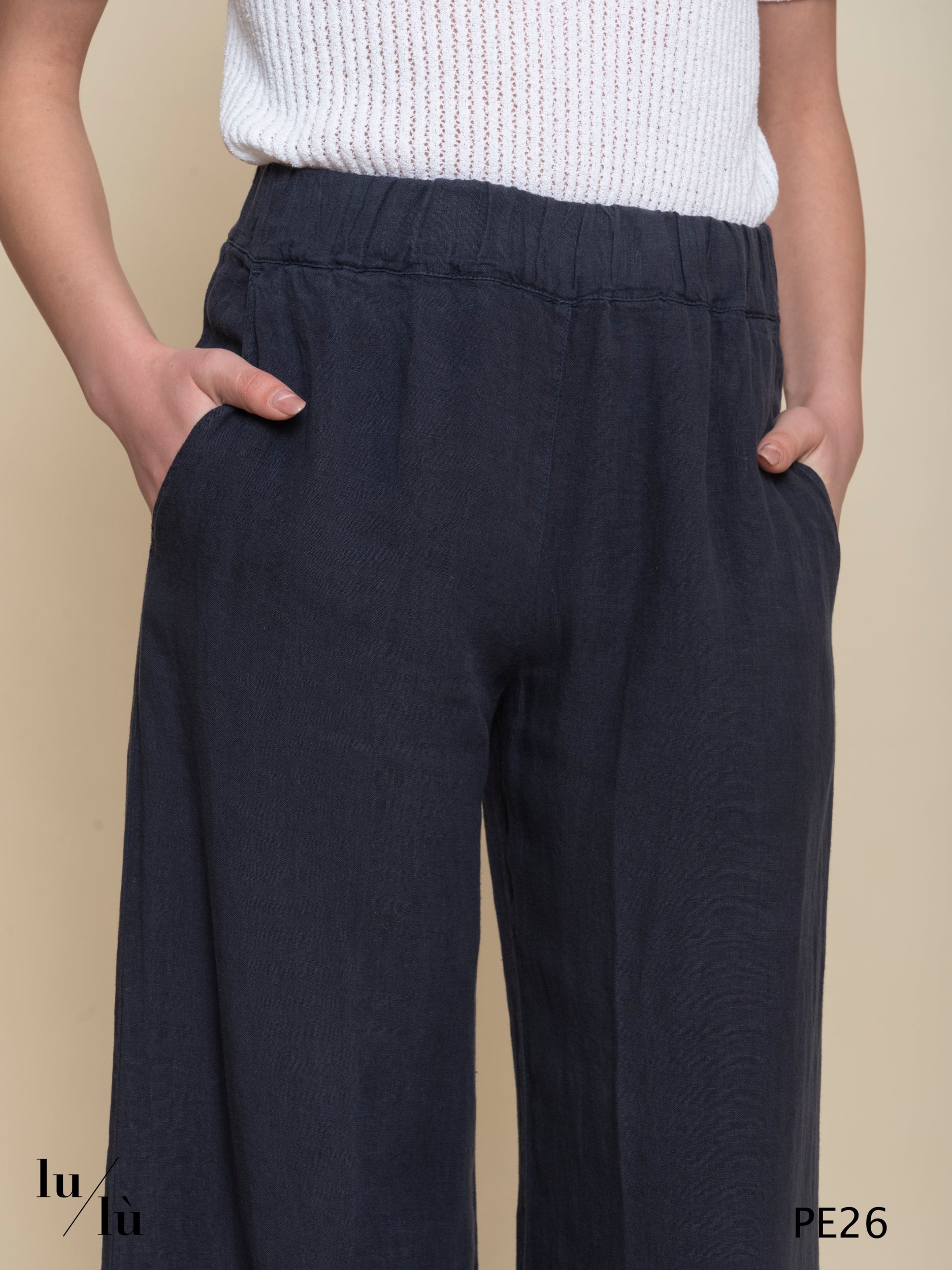 Gelsomina - Pantaloni donna in lino con vita elasticata e coulisse