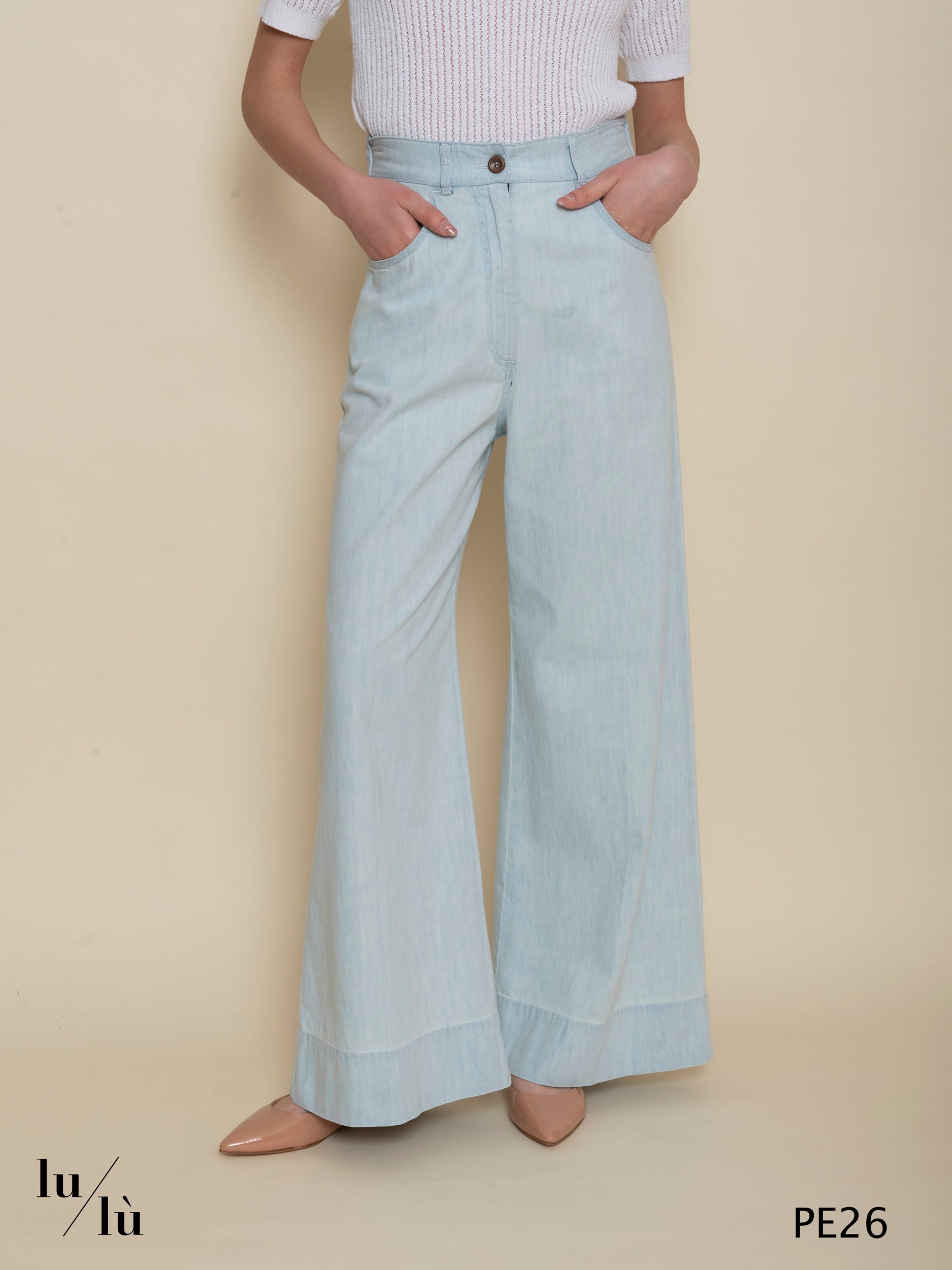 Mimosa - Pantalone jeans donna a gamba larga in cotone