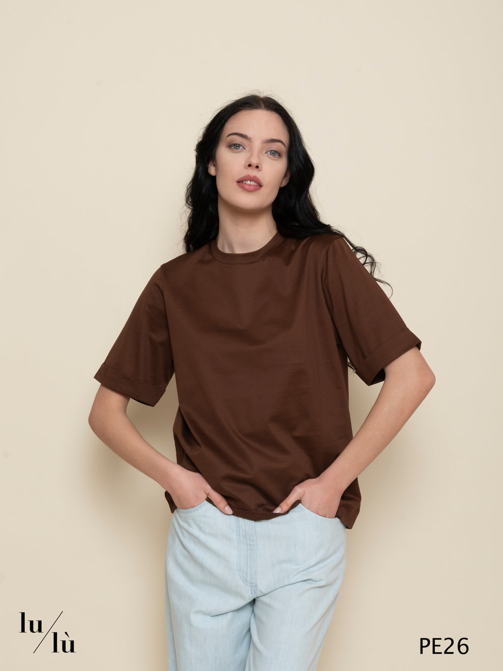 Ama Brown - T-shirt donna in cotone linea a scatola