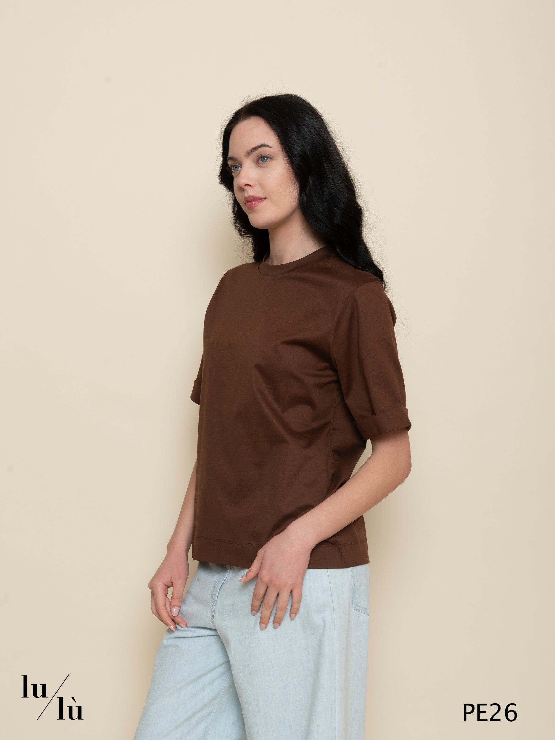 Ama Brown - T-shirt donna in cotone linea a scatola