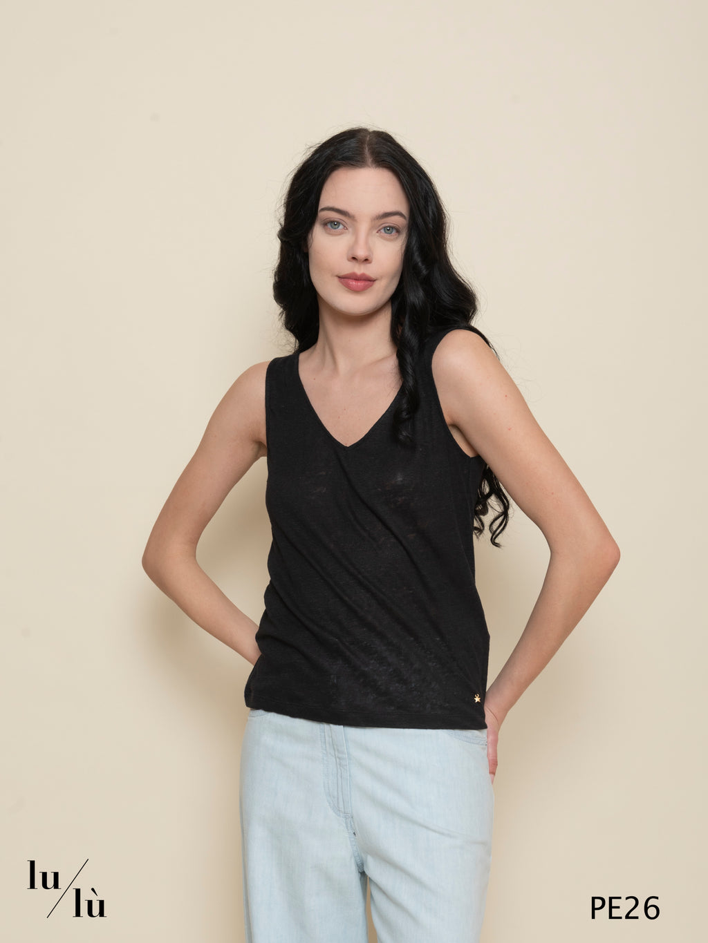 Haniz Black - Canotta donna in lino scollo a V