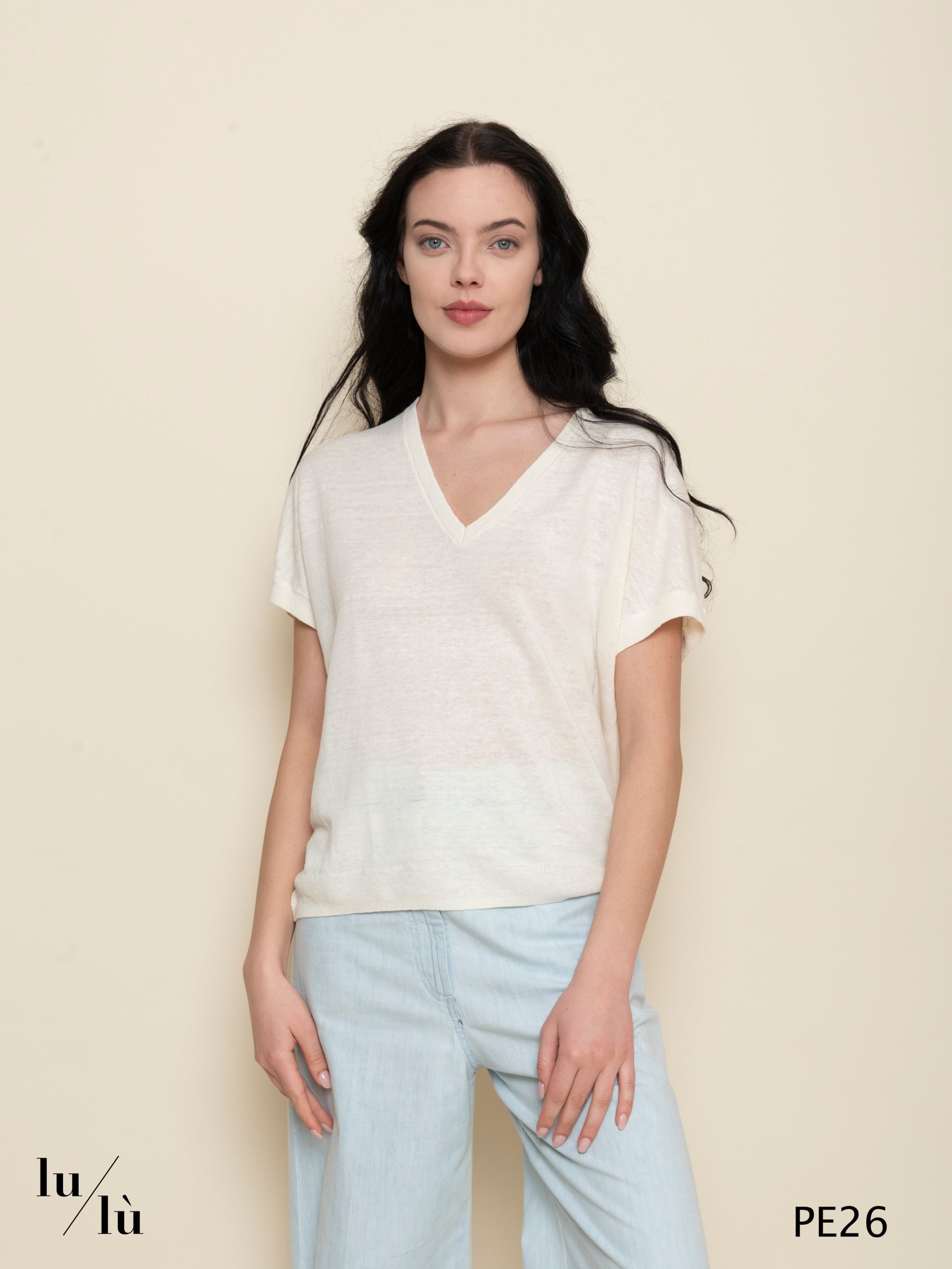 Brise Creme - Maglia donna in puro lino con scollo a V