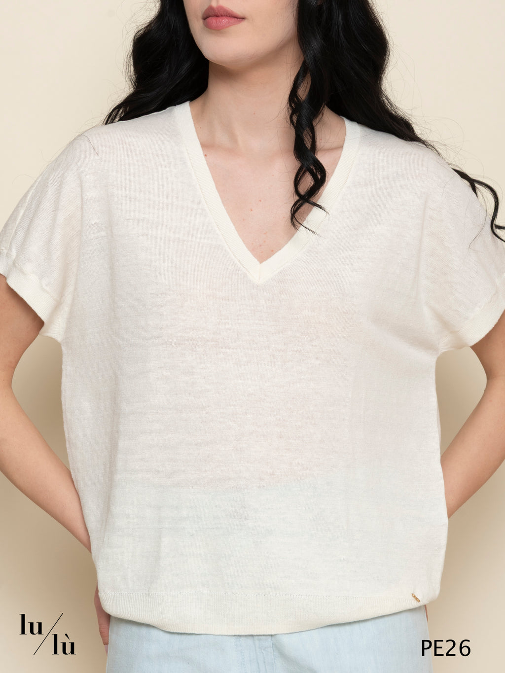 Brise Creme - Maglia donna in puro lino con scollo a V