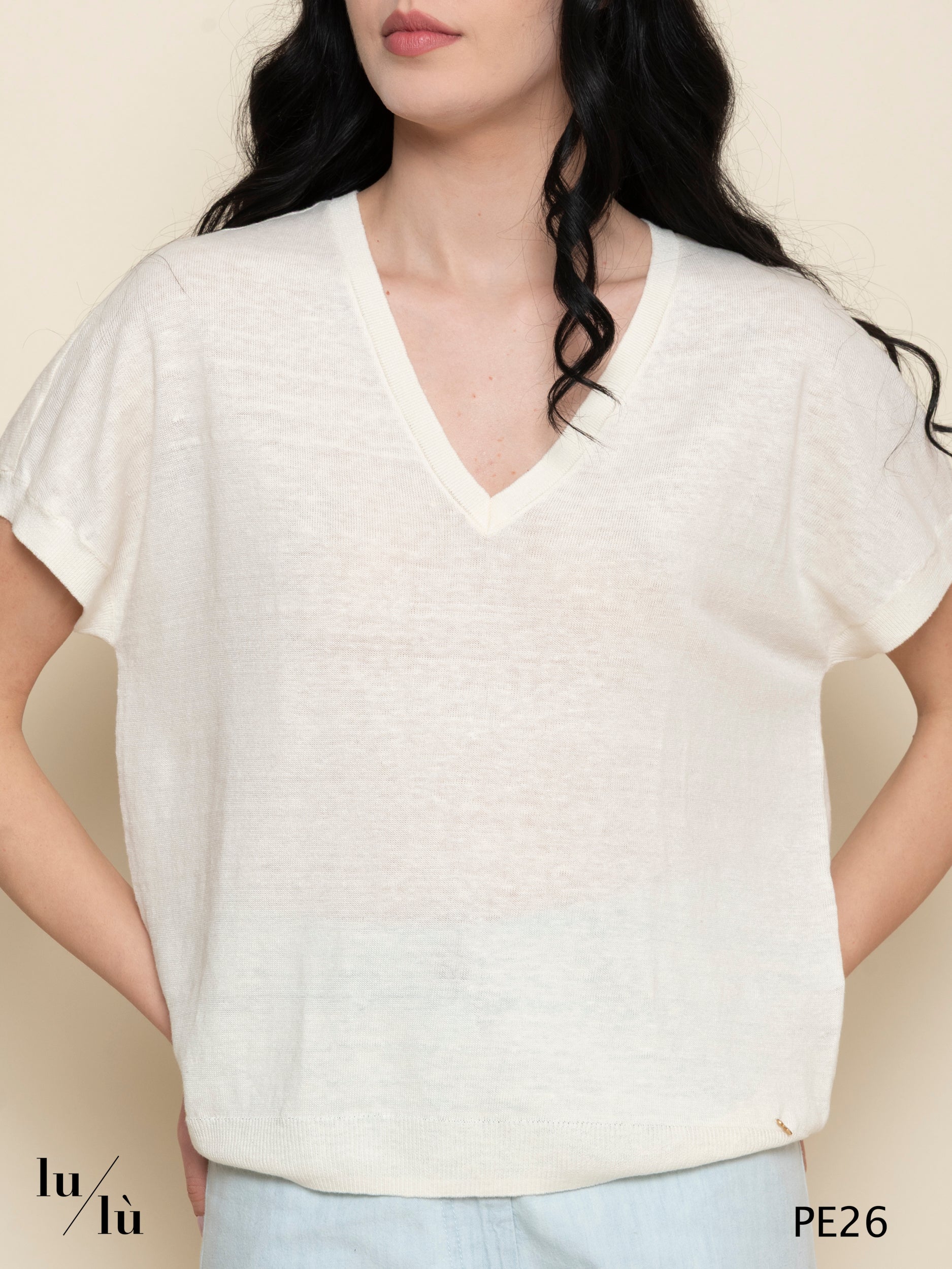 Brise Creme - Maglia donna in puro lino con scollo a V