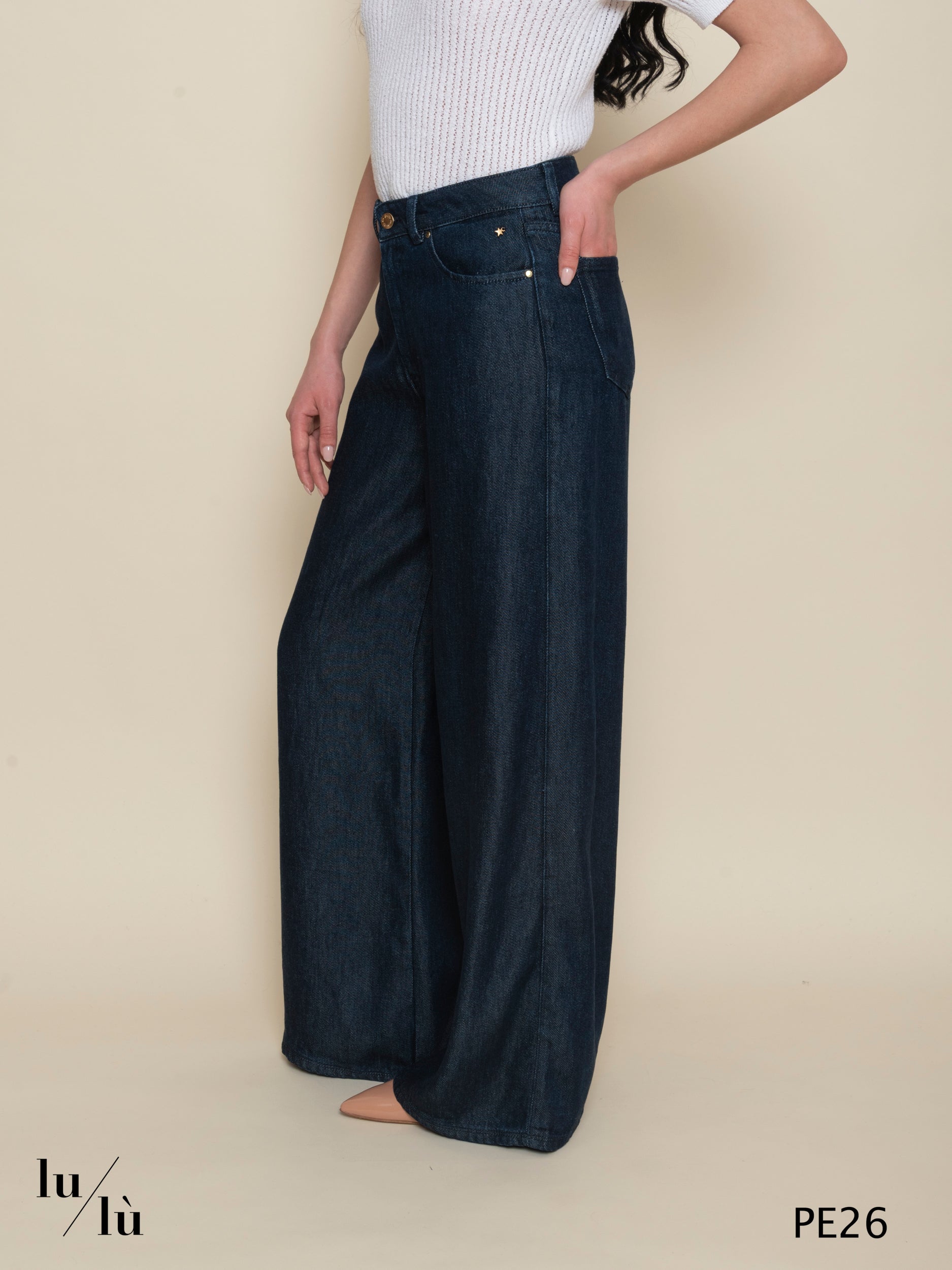 Loich - Pantalone denim donna con gamba ampia